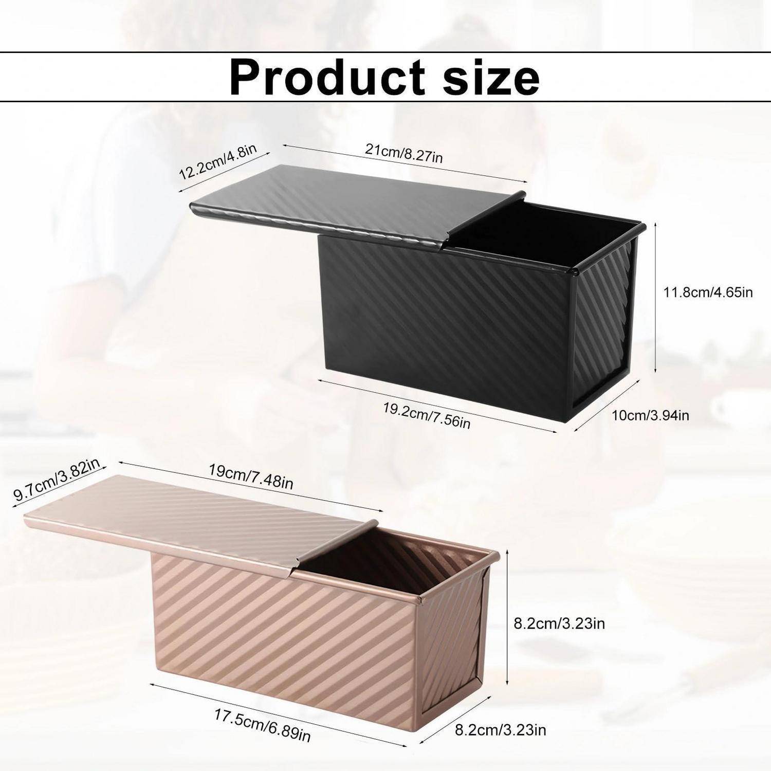 Produktgrößen-Diagramm mit zwei Aufbewahrungsboxen mit Deckel, schwarz und beige, mit Abmessungen in cm und Zoll gekennzeichnet.