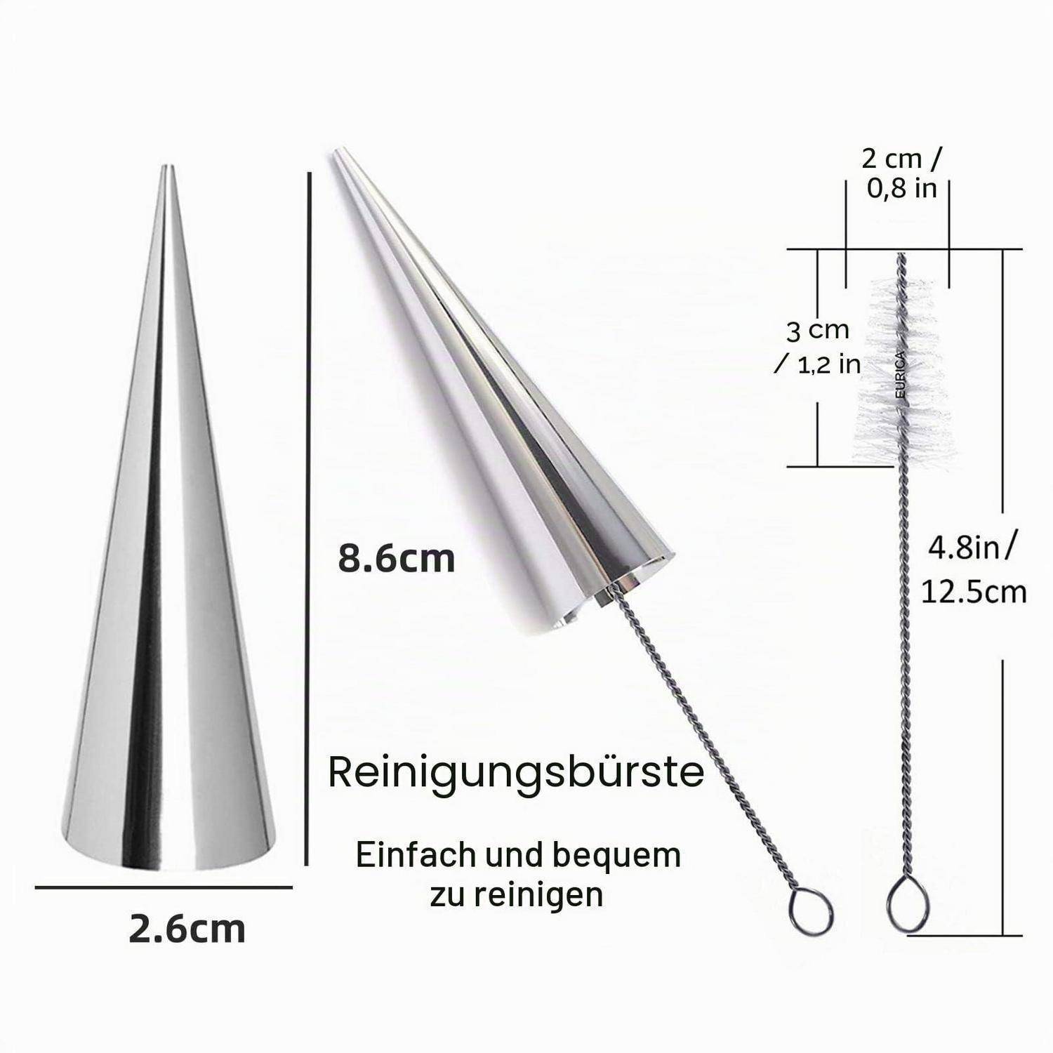 Metallischer kegelförmiger Reinigungsbürste, 8,6 cm lang und 2,6 cm breit, mit Kettengr­iff; die Abmessungen umfassen eine Gesamtlänge von 12,5 cm und eine Bors­tenlänge von 3 cm.