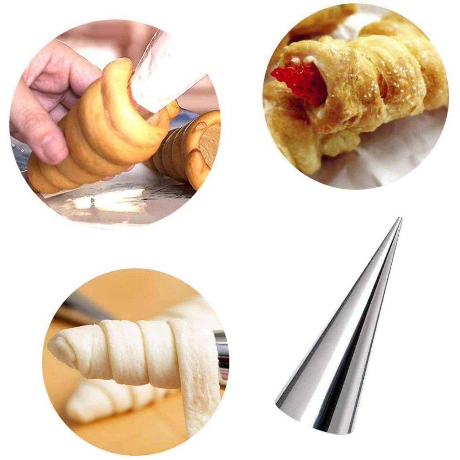 Metallische Kegelpastete-Spitze zum Formen von ausgerolltem Teig oder cremegefüllten Gebäck, gezeigt mit Nahaufnahmen von Spiralgebäck, das geformt und gefüllt wird.