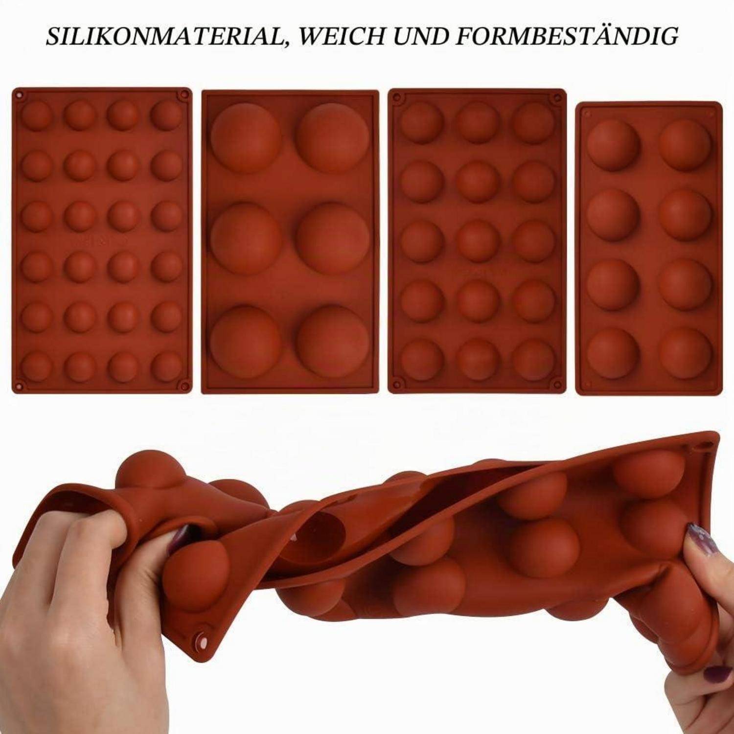 Rote Silikonblasenschimmel in verschiedenen Größen und ein gefaltetes flexibles Tablett, das von zwei Händen gebogen wird, wobei Weichheit und Formbeständigkeit hervorgehoben werden.