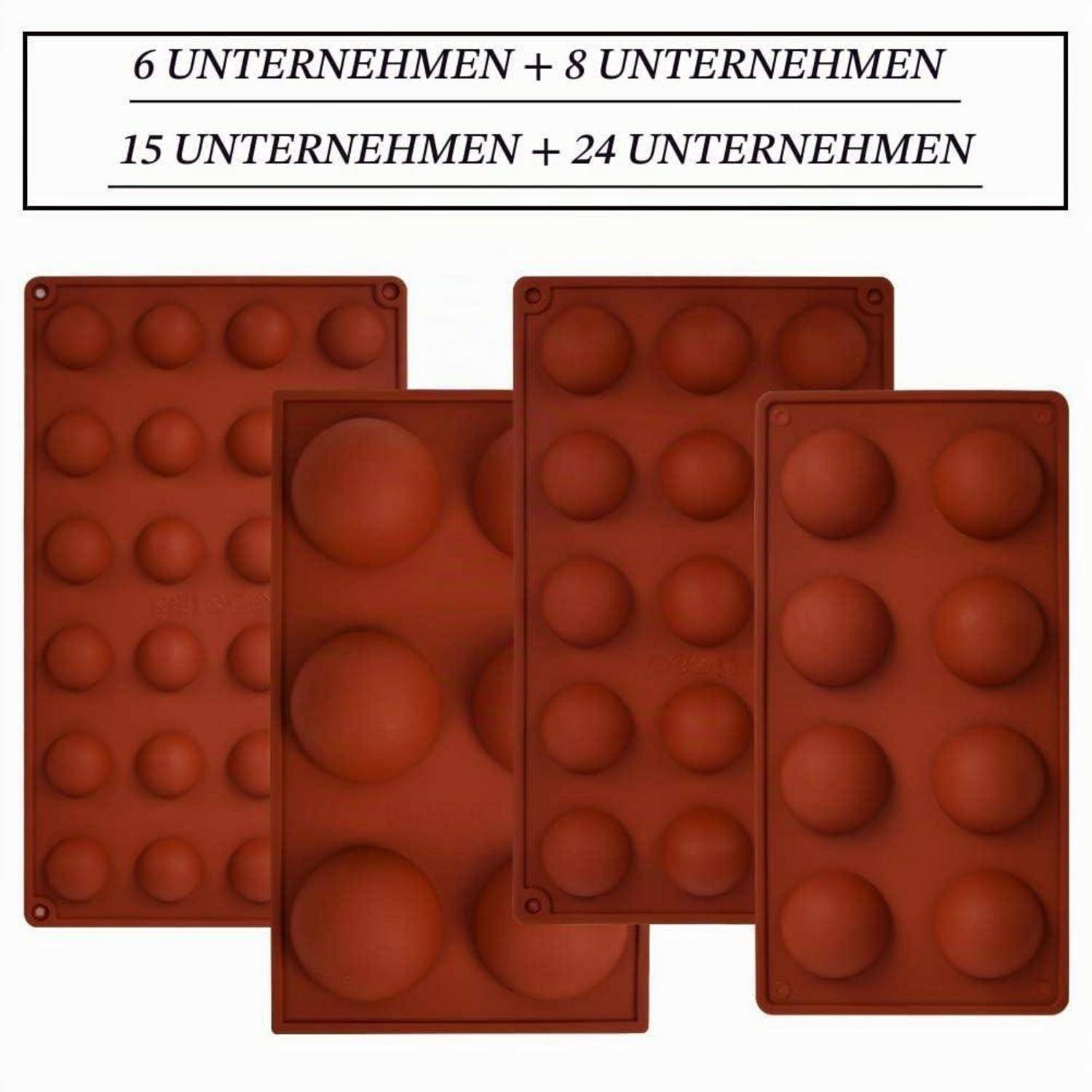 Infografik mit vier braunen Schimmelwerkzeugen mit unterschiedlichen Hohlraumanzahlen, die '6 UNTERNEHMEN + 8 UNTERNEHMEN' und '15 UNTERNEHMEN + 24 UNTERNEHMEN' darstellen.