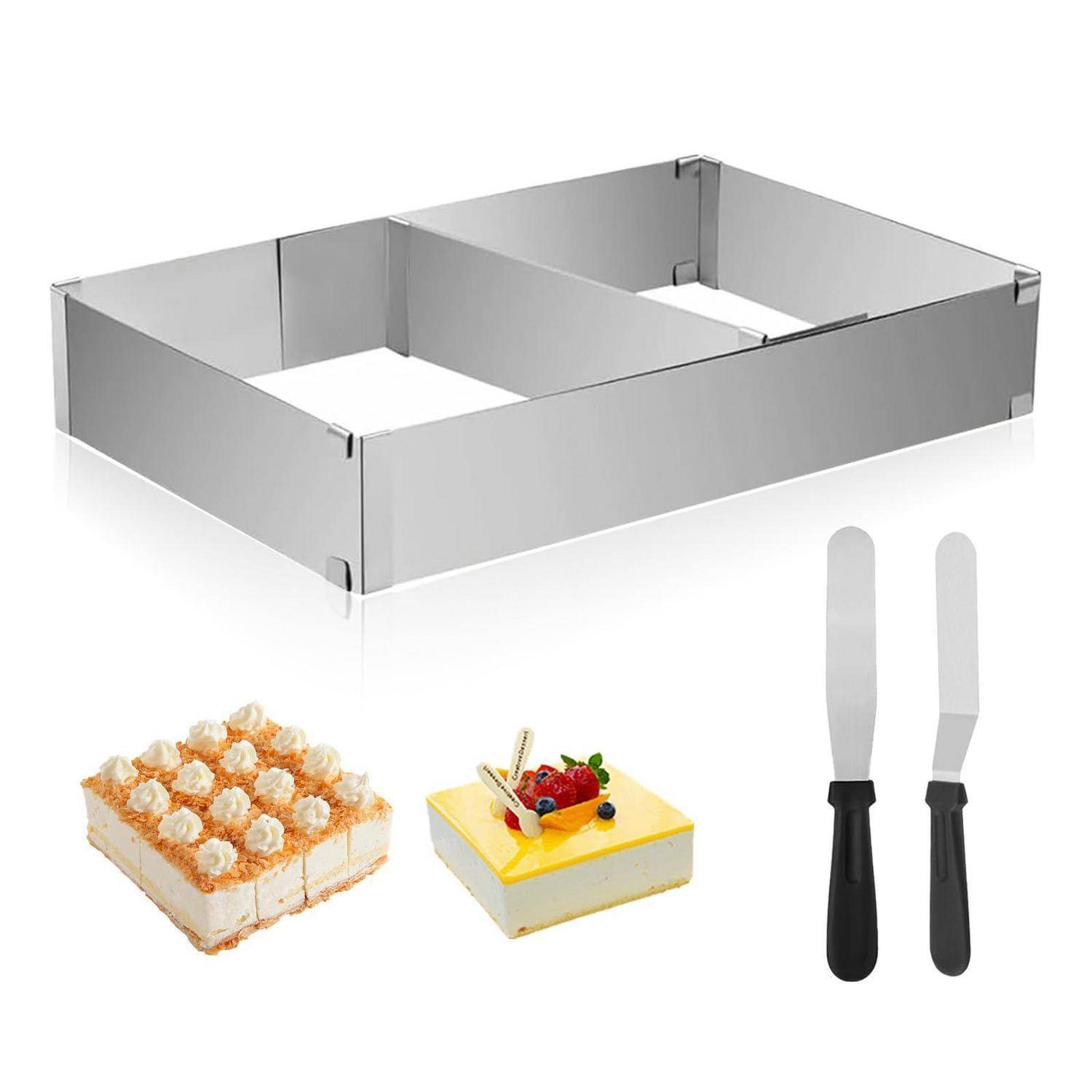 Verstellbare quadratische Backform mit zwei Dekoriersspachteln, gezeigt mit Beispielkuchen, die damit geformt und glasiert werden können.