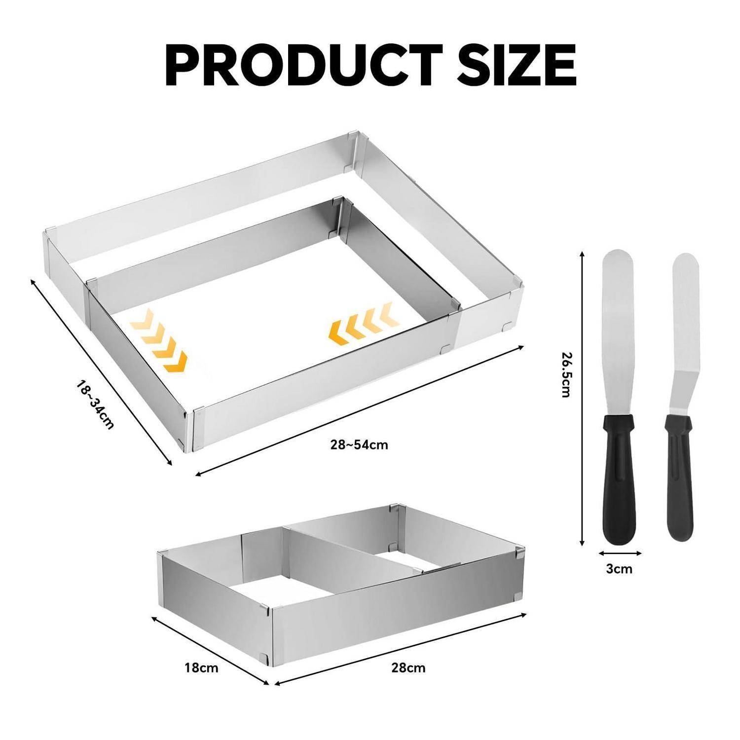 Produktgrößendiagramm mit einem verstellbaren quadratischen Metallring, Abmessungen 28-54 cm x 18,34 cm, plus zwei Spatel mit einer Länge von 26,5 cm und einer Breite von 3 cm.