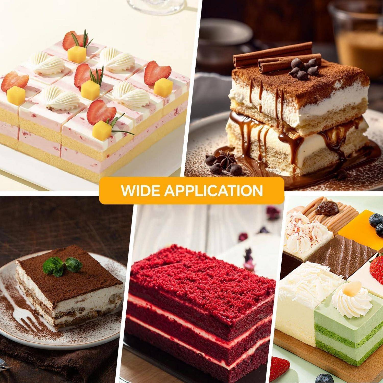 Collage von fünf dekorierten geschichteten Kuchen und Tiramisu-ähnlichen Desserts mit einer zentralen Beschriftung mit der Aufschrift „VIELSEITIGE ANWENDUNG".
