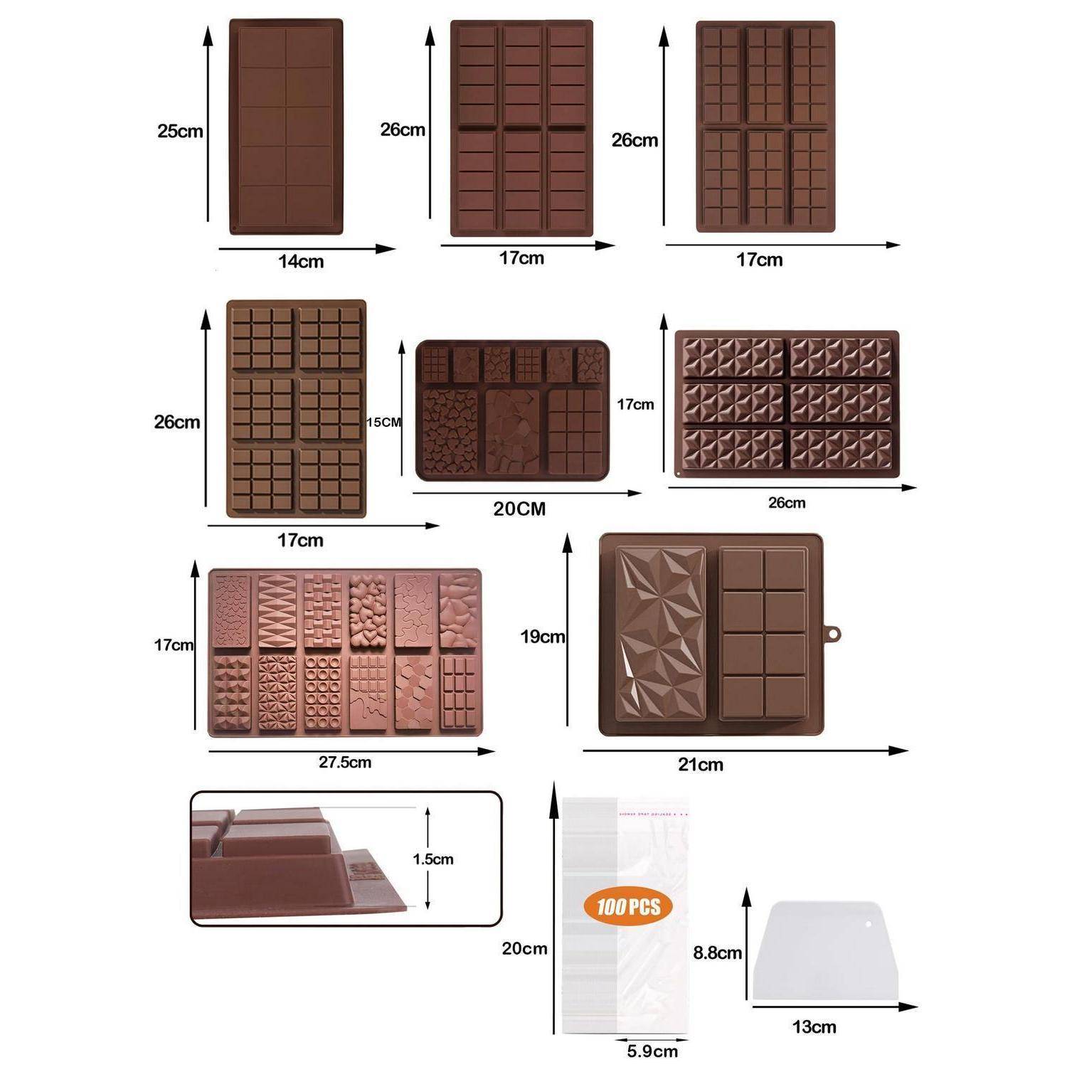 Collage von Schokoladenformen und Verpackung, das mehrere Formdesigns mit Größenmessungen sowie eine 100er-Packung und Tablettenabmessungen zeigt.