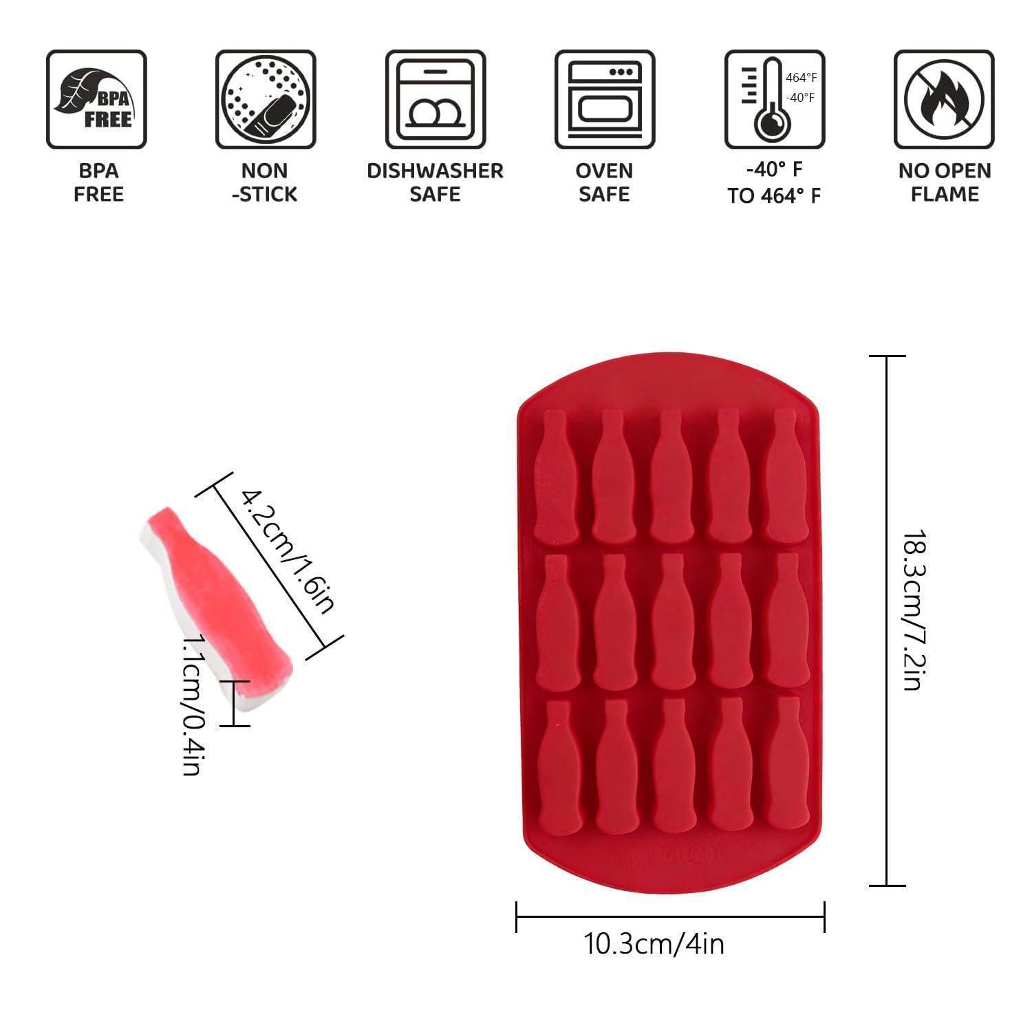Rote Silikoneiswürfelbehälter mit 15 flaschenförmigen Formen, 18,3 x 10,3 cm, gekennzeichnet als BPA-frei, antihaftbeschichtet, spülmaschinen- und ofensicher, -40°F bis 464°F, keine offene Flamme.