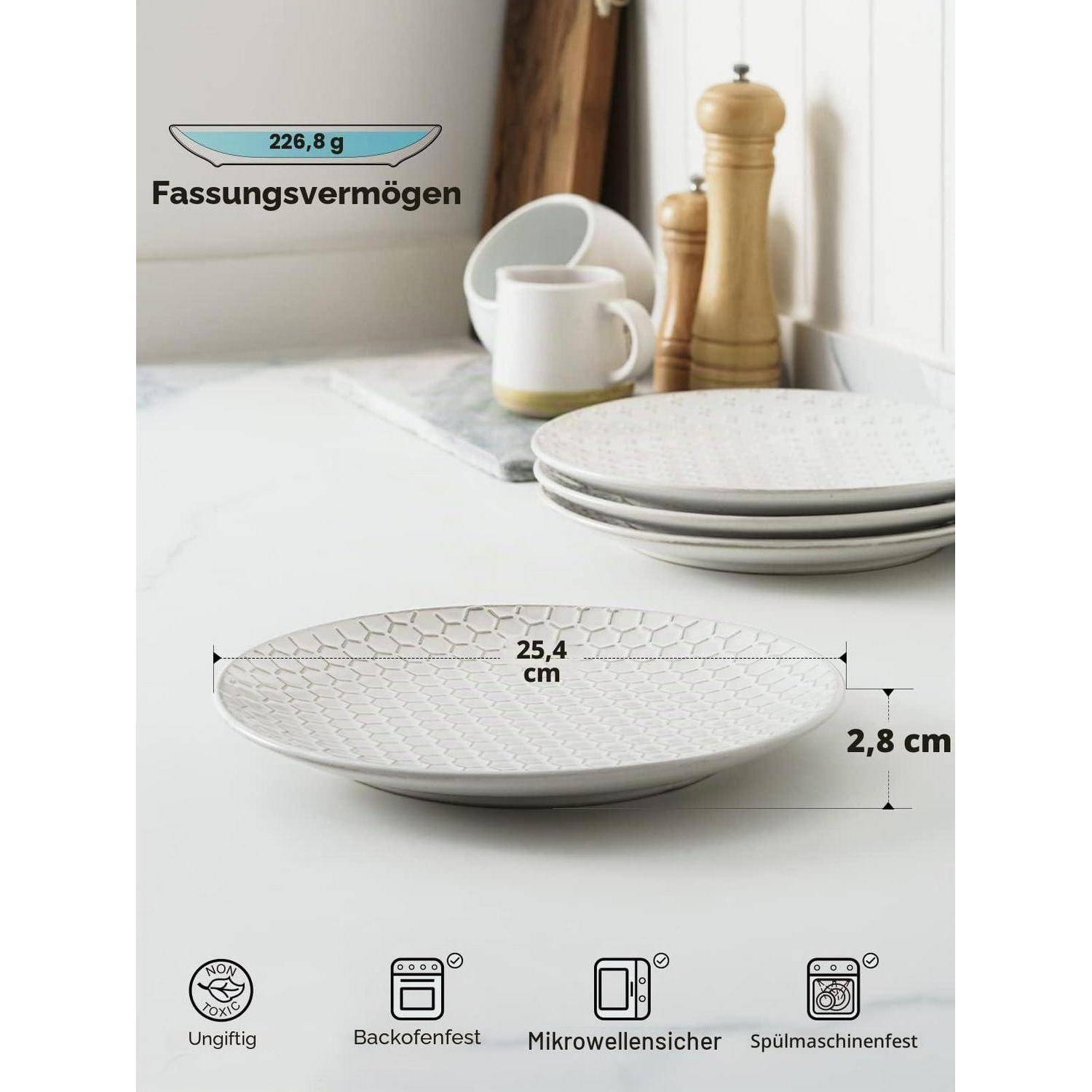 Weiße gemusterte flache Schüssel auf einer Küchenarbeitsplatte, gekennzeichnet mit Fassungsvermögen 226,8 g, Durchmesser 25,4 cm und Höhe 2,8 cm; gekennzeichnet als ofen-, mikrowellen- und spülmaschinenfest, ungiftig.