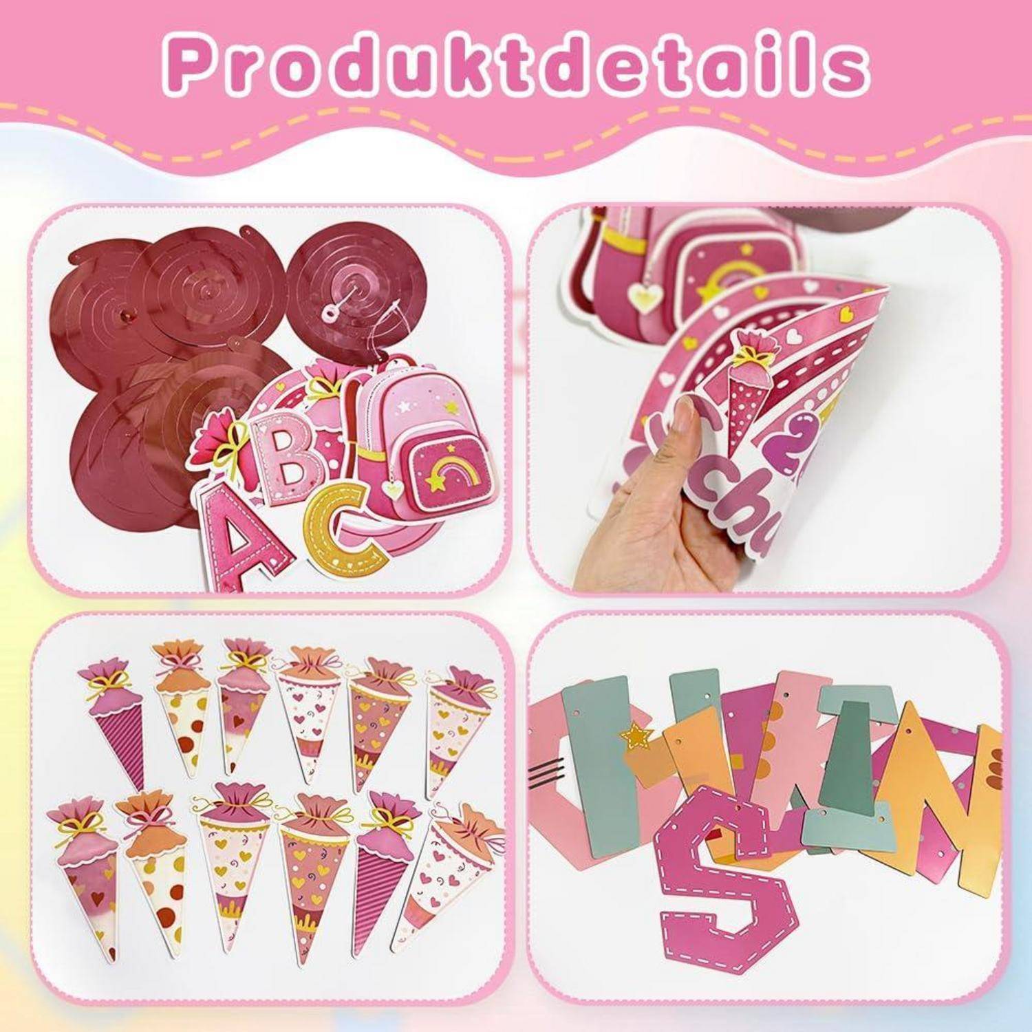 Produktdetails-Collage mit rosa-farbigen Partydekoration: spiralförmige hängende Wirbel, Cupcake-Boxen für Süßigkeiten, kegelförmige Geschenktüten und bunte Buchstabenschnitte.