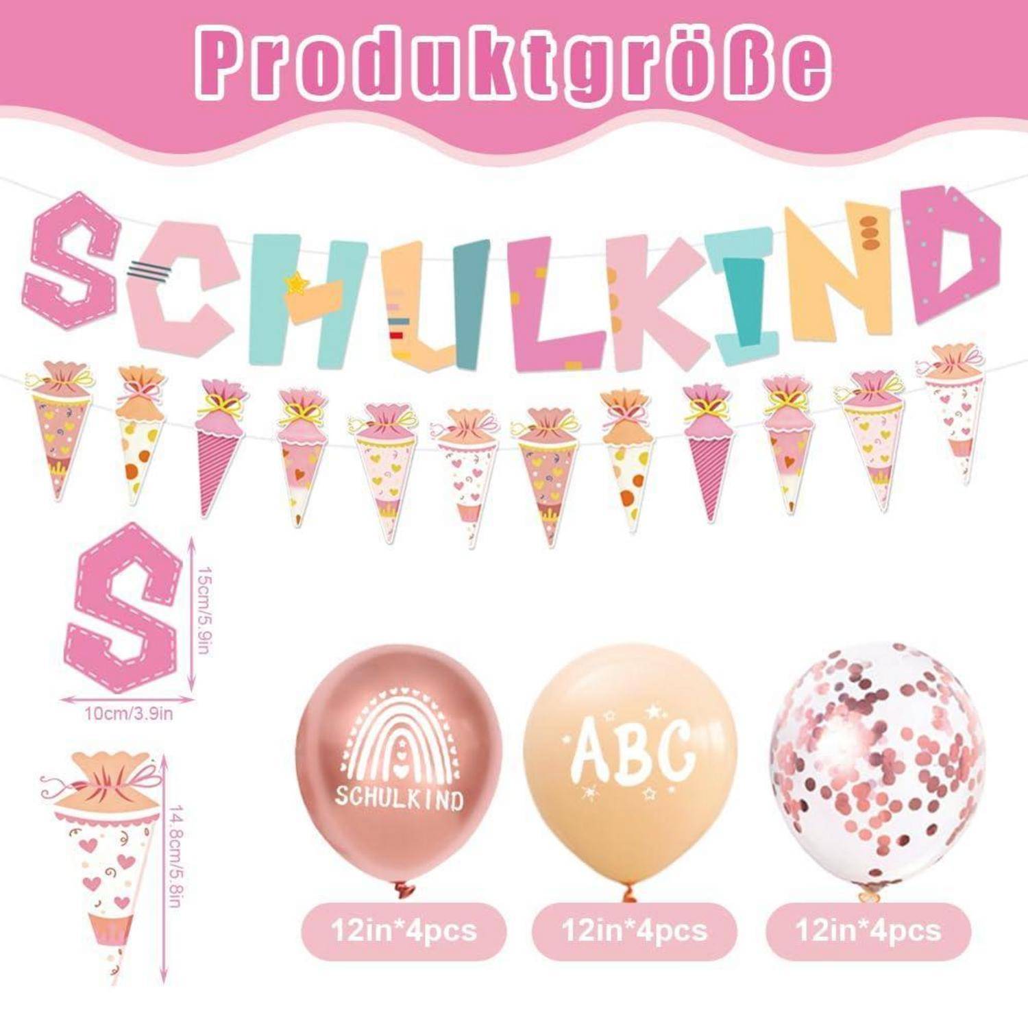 Produktgrößentabelle für 'SCHULKIND' Partylufballons mit 12-Zoll-Luftballons in Viererpackungen und einem Größenvergleich von Luftballon- und Kegeldekorationen.