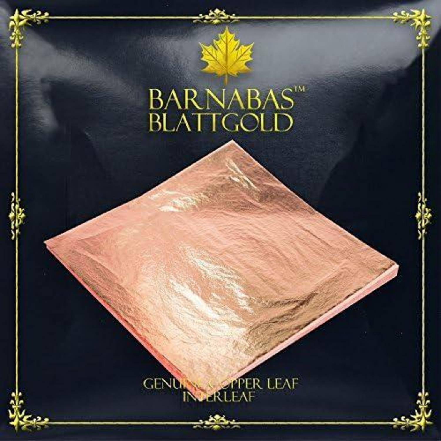 Produktverpackung für Barnabas Blattgold echtes Kupferblatt, gezeigt als metallisches Kupferblatt auf einer dunklen Schachtel mit Blattgoldrahmen.