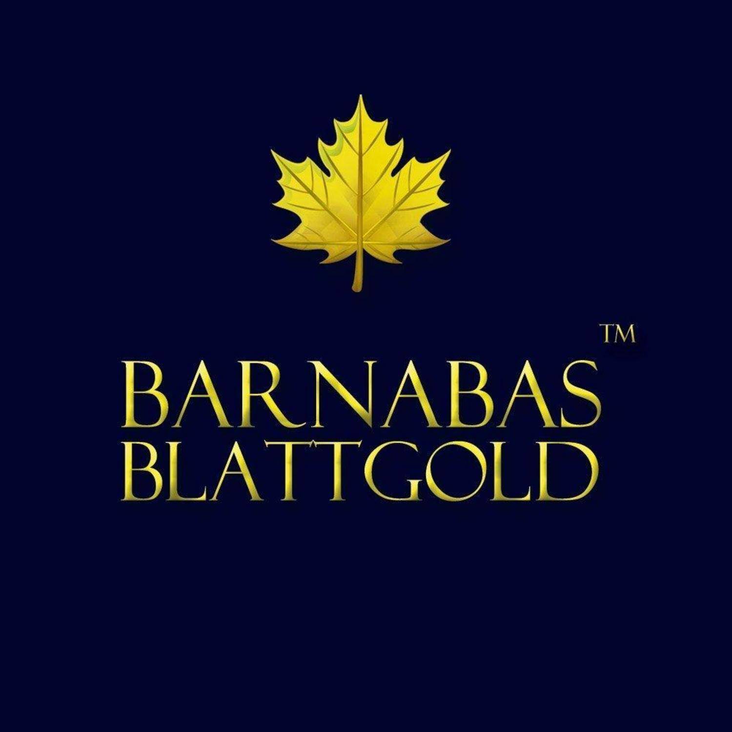 Barnabas Blattgold Logo mit einem goldenen Blatt über dem Markennamen auf dunkelblauem Hintergrund.