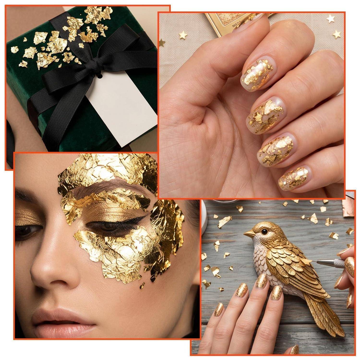 Collage aus Goldblatt-Nagelkunst, ein Gesicht mit Goldblatt-Make-up, eine Geschenkbox und eine Goldfigur eines Vogels, der gerade angemalt wird, präsentiert ein luxuriöses metallisches Thema.