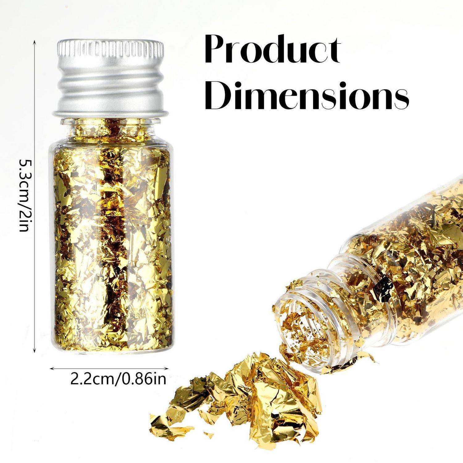 Produktabmessungen: kleine klare Flasche mit Goldfolie, 5,3 cm groß und 2,2 cm breit, aufrecht stehend und umgekippt, wobei Folie verschüttet wird.