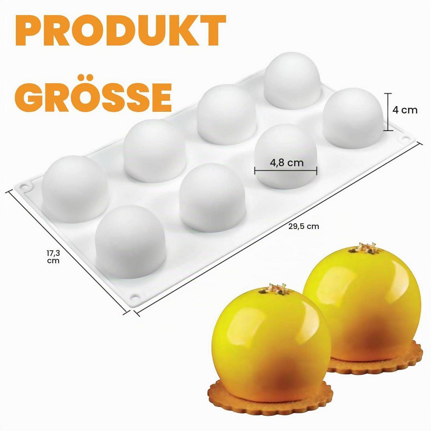 Produktgrößendiagramm mit einem 29,5 x 17,3 cm großen Silikonform mit 4 cm hohen Kuppelhohlräumen; jeder Hohlraum ist 4,8 cm breit. Am besten für runde Desserts geeignet.
