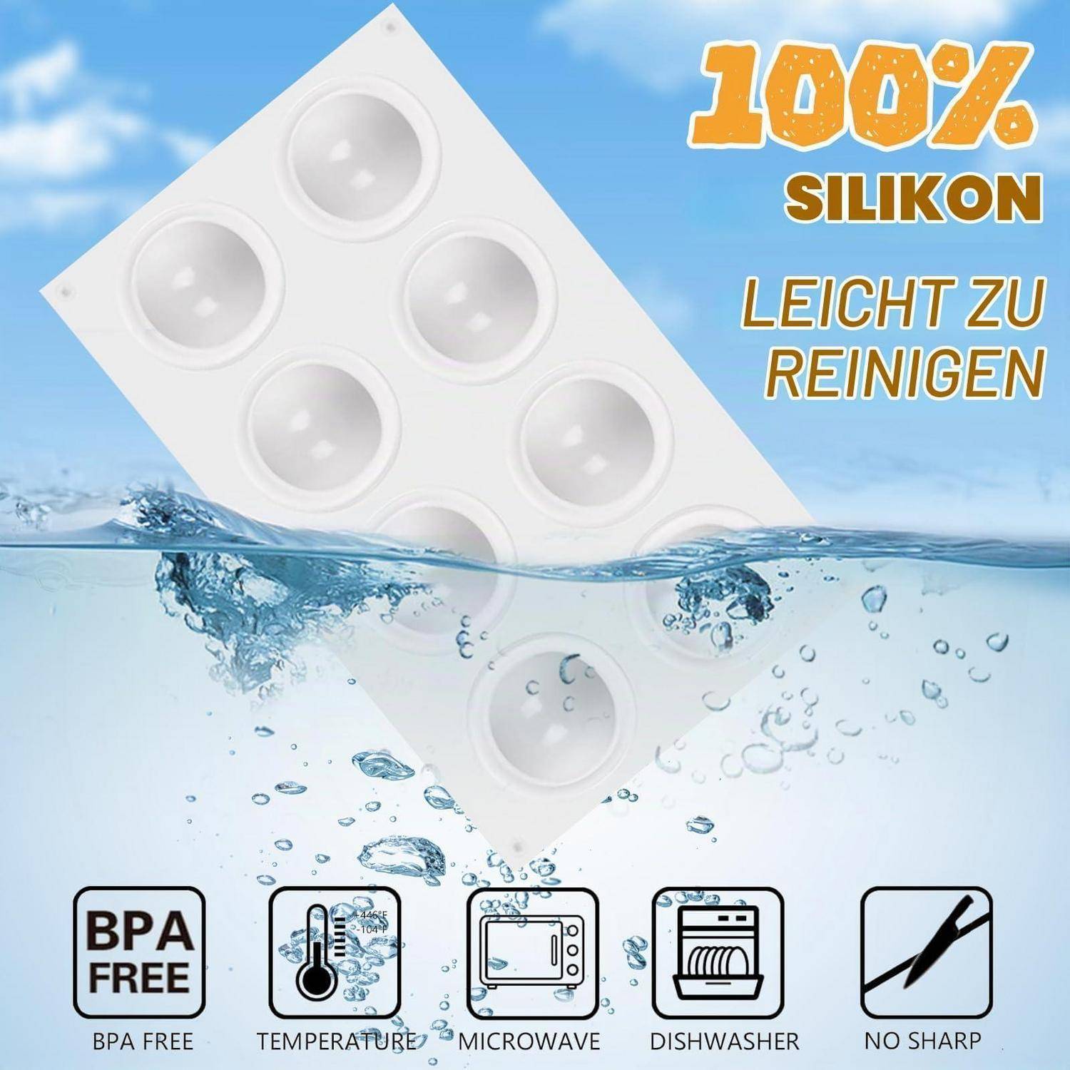 Weiße Silikonbackform, halb in Wasser eingetaucht gezeigt, mit deutschem Text "100% SILIKON"" und ""LEICHT ZU REINIGEN""; Symbole deuten auf BPA-frei, temperaturbeständig, mikrowellen- und spülmaschinensicher hin, und keine scharfen Kanten.