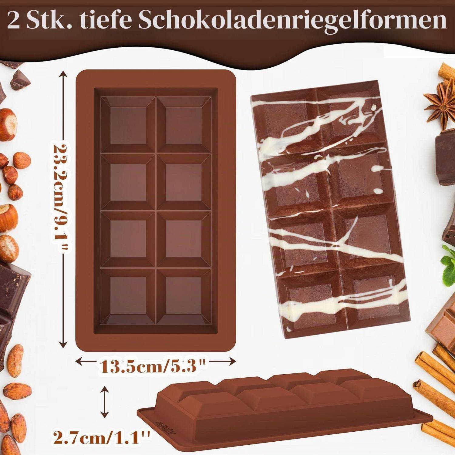 Produktbild von 2 tiefen Schokoladenriegel-Formen, mit Abmessungen 23,2 cm x 13,5 cm x 2,7 cm und Beispielen von fertigen Schokoladenriegeln.