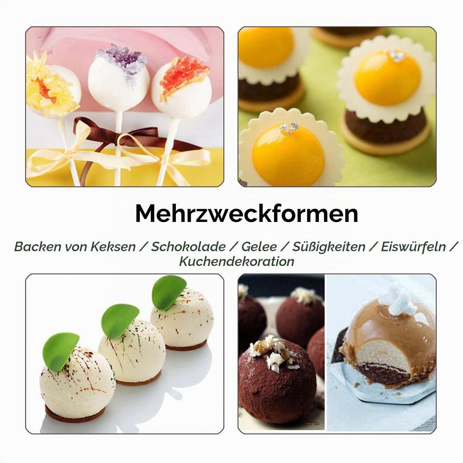 Werbecollagen aus Silikonformen zum Herstellen von Cake Pops, Schokolade, Gelee, Desserts und Eiswürfeln, beschriftet mit "Mehrzweckformen"".