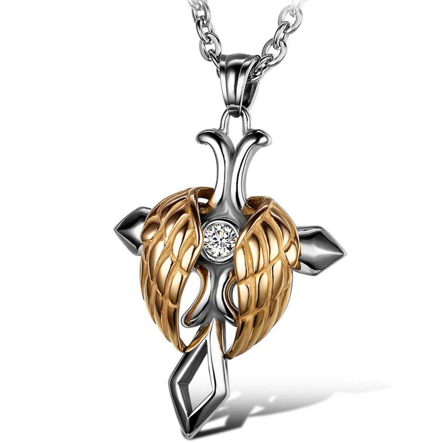 Silber- und goldfarbige Flügel-Anhängerkette mit einem zentralen klaren Edelstein auf weißem Hintergrund.