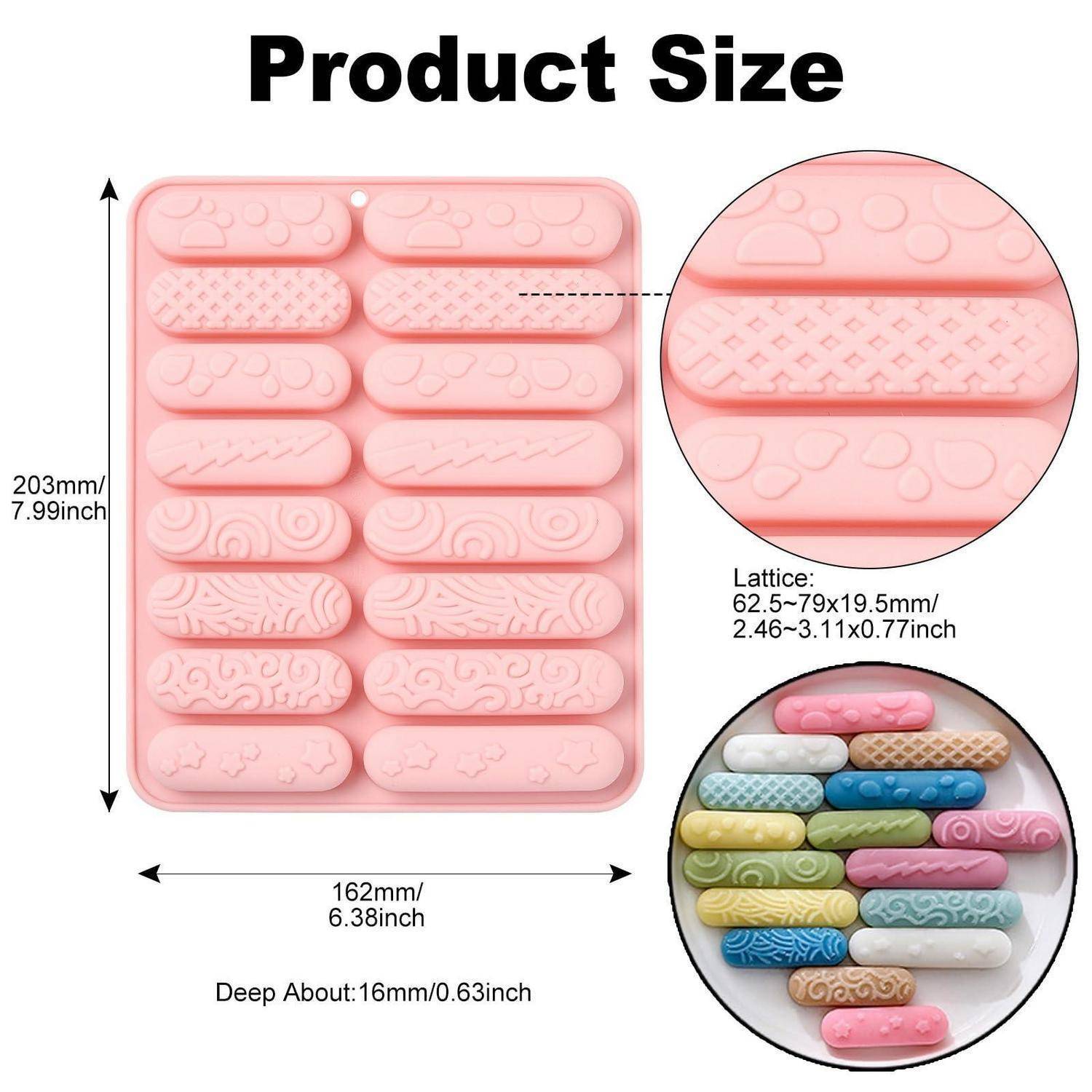 Produktgrößendiagramm eines rosa Silikonforms: 203 mm hoch, 162 mm breit, etwa 16 mm tief, mit Gitterhohlräumen 62,5–79 x 19,5 mm, gezeigt in einer Nahaufnahme und gefüllten Beispielen darunter.