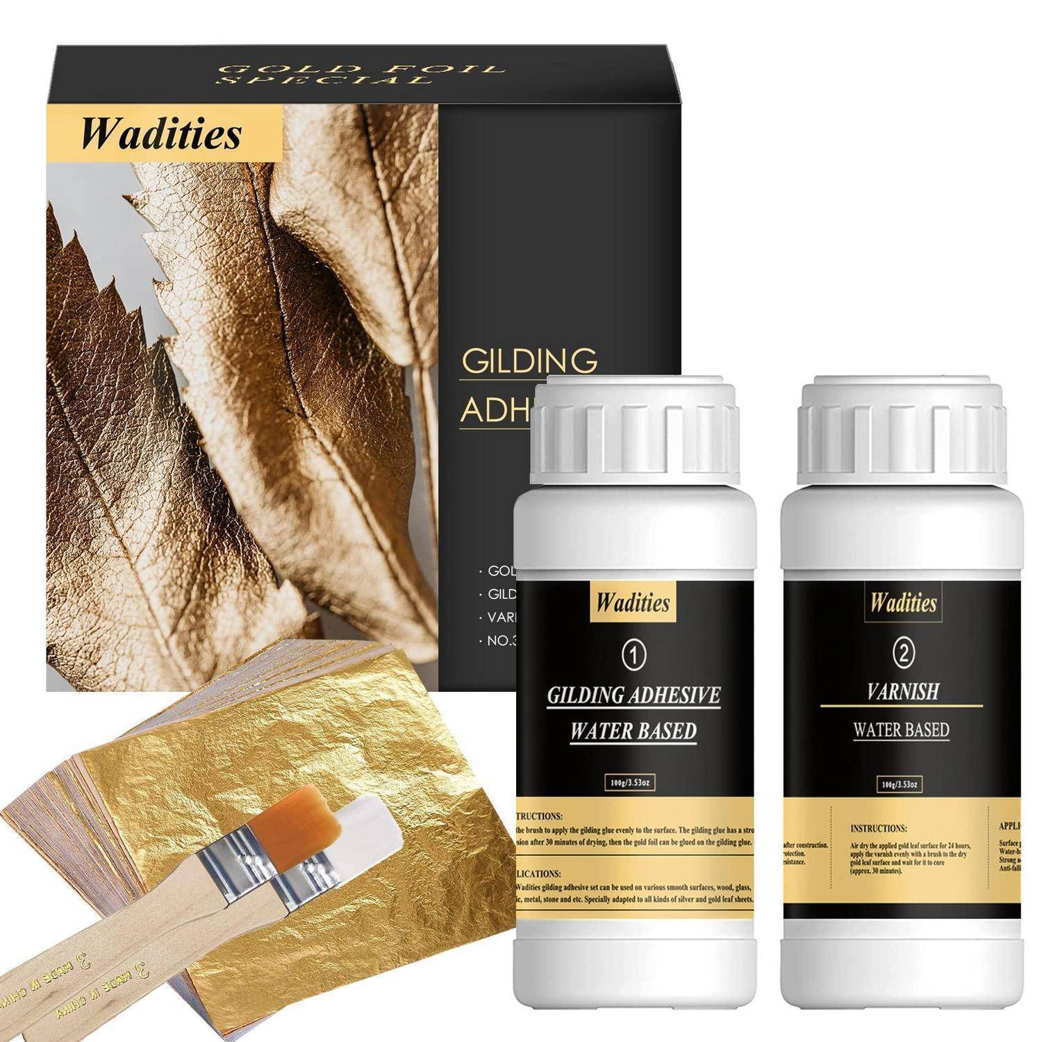 Wadities Vergoldungs-Klebstoff-Set mit Blattgold, einem Pinsel und zwei Flaschen mit den Aufschriften „Vergoldungs-Klebstoff