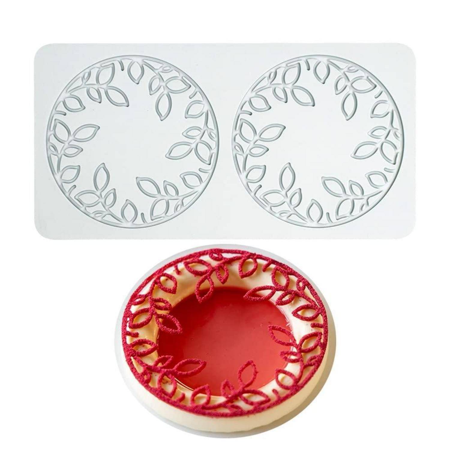 Drei Ringdesigns: zwei silberne Blattmuster-Kreise oben und ein rot-goldenes Blattmuster-Ring unten.