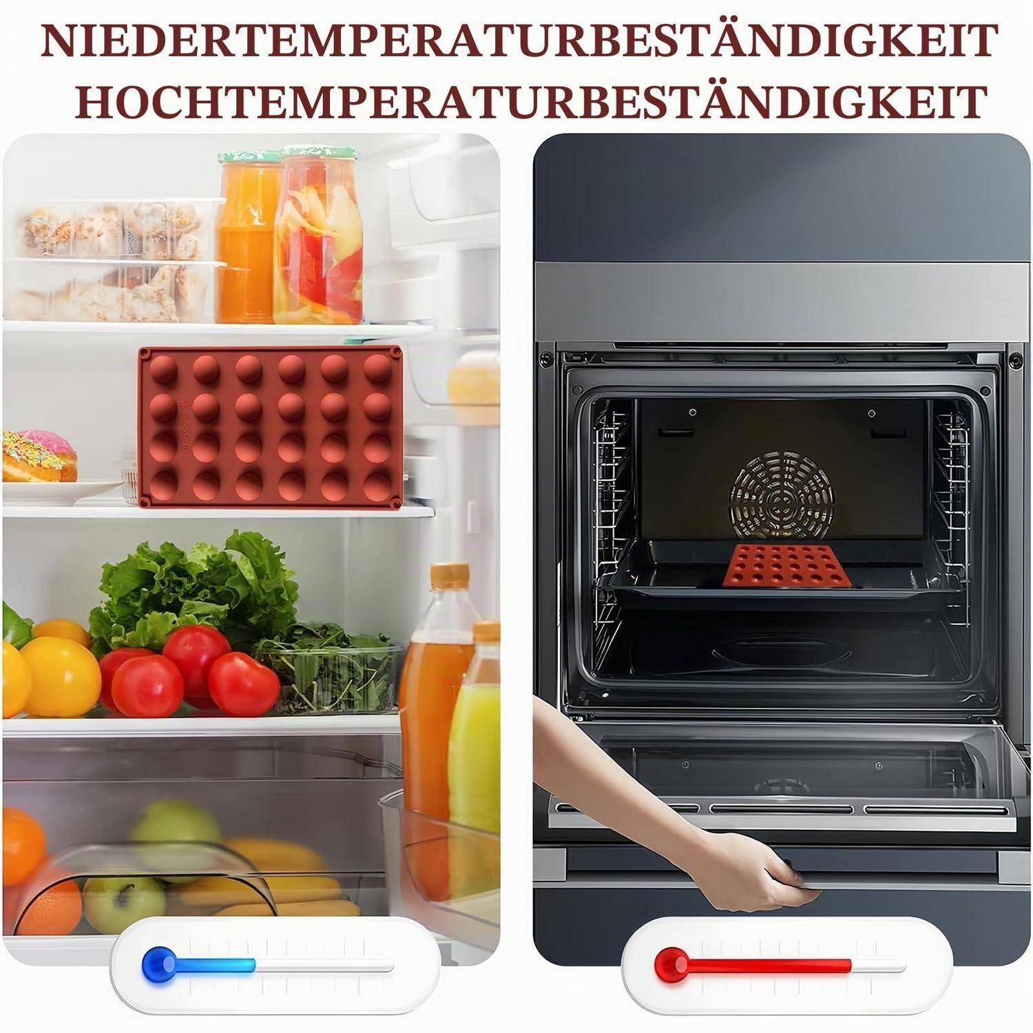 Geteiltes Bild, das ein Lebensmittellagerungstablett im Kühlschrank und im Ofen vergleicht, mit deutschen Beschriftungen „NIEDERTEMPERATURBESTÄNDIGKEIT HOCHTEMPERATURBESTÄNDIGKEIT