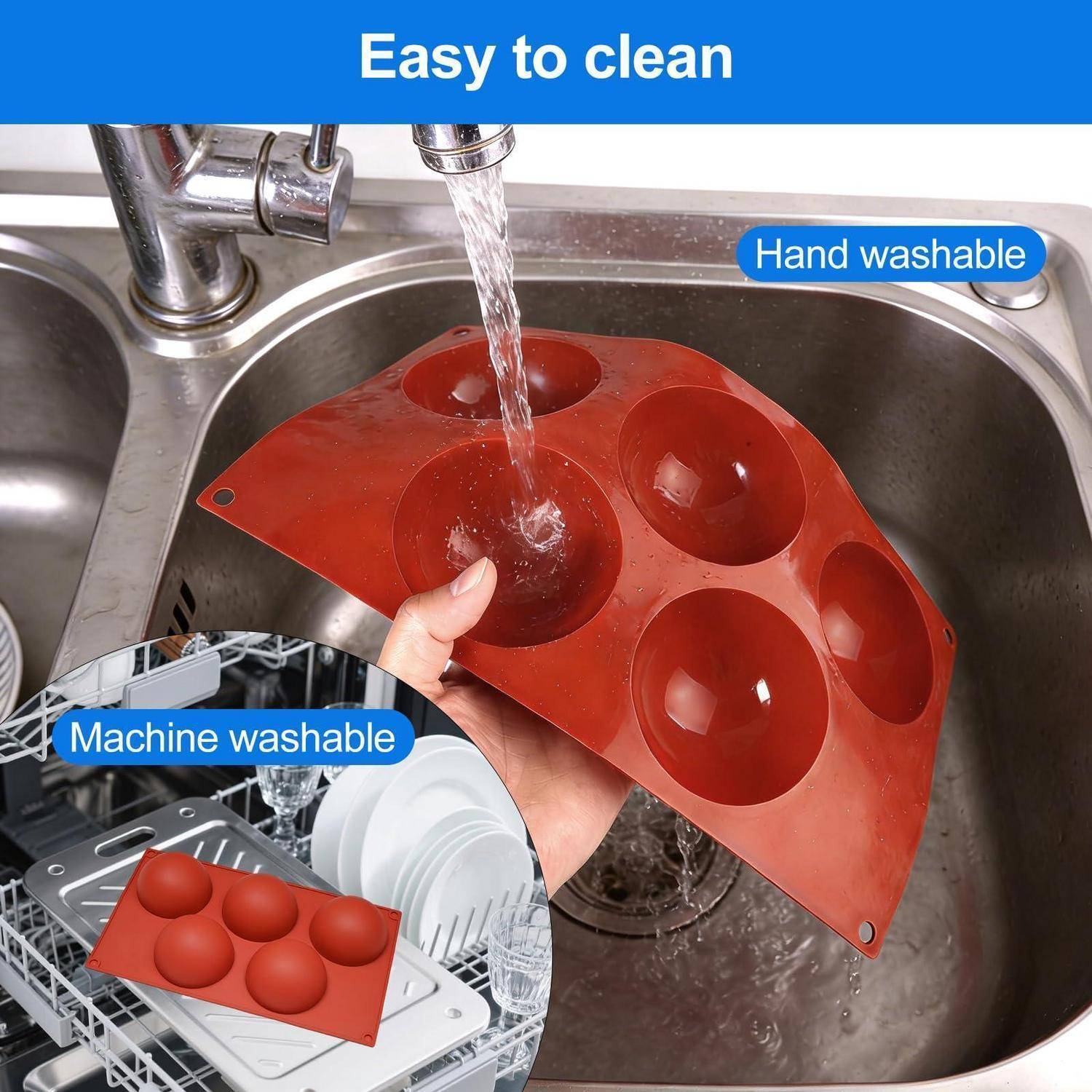 Silikonbackform wird in einem Waschbecken gespült, mit den Aufklebern „Leicht zu reinigen