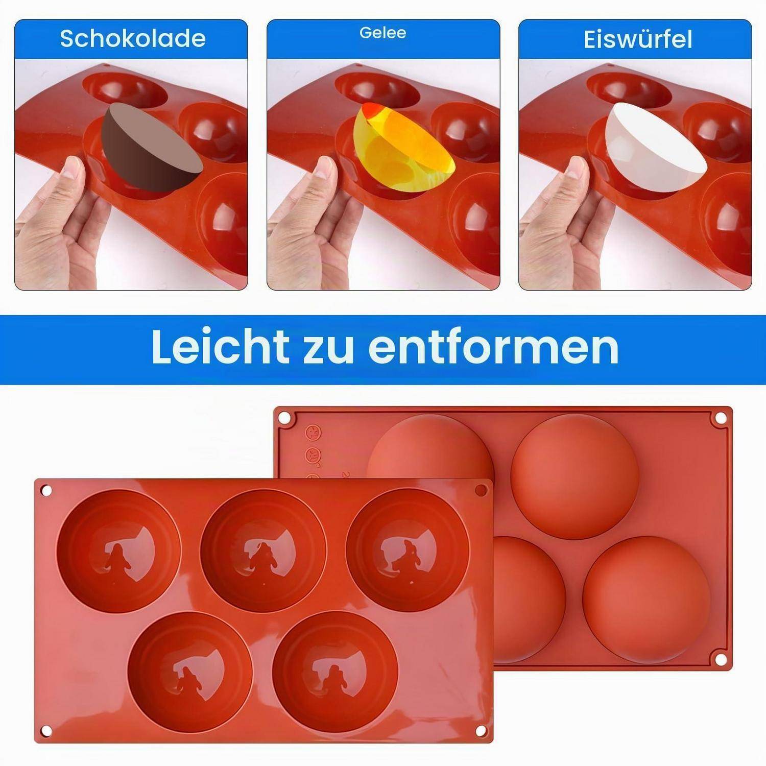 Rote Silikonform, dargestellt als Schokoladen-, Gelee- oder Eiswürfelform; Text sagt „Leicht zu entformen