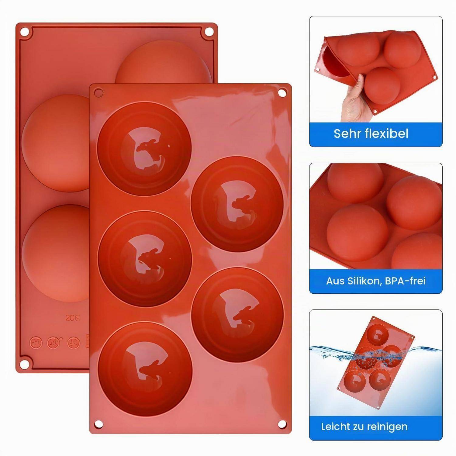 Rote Silikonbackformen mit runden Mulden, in Gebrauch gezeigt und auf Deutsch gekennzeichnet als sehr flexibel, BPA-frei und leicht zu reinigen.