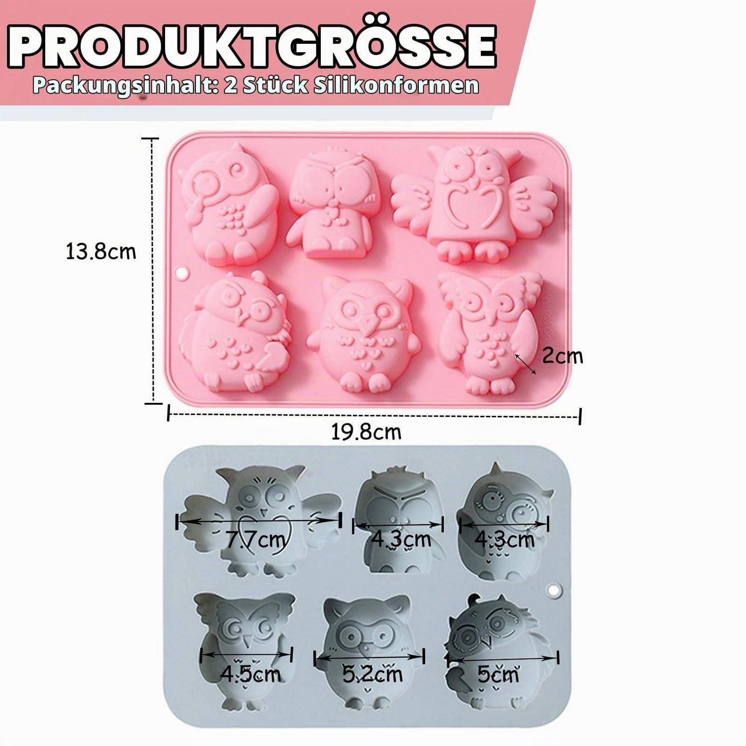 Produktgrößengrafik mit zwei Silikonformen: rosa Eulenform 19,8 cm x 13,8 cm, 2 cm tief, und graue Eulenform mit Hohlraumbreiten von etwa 4,3–5,2 cm.