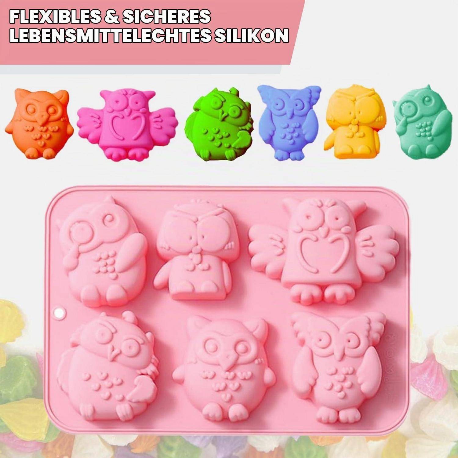 Bunter Eule-förmiger Silikon-Backform-Set mit sechs Eulenfiguren und deutschem Text, der flexible, sichere lebensmittelechte Silikon bewirbt.