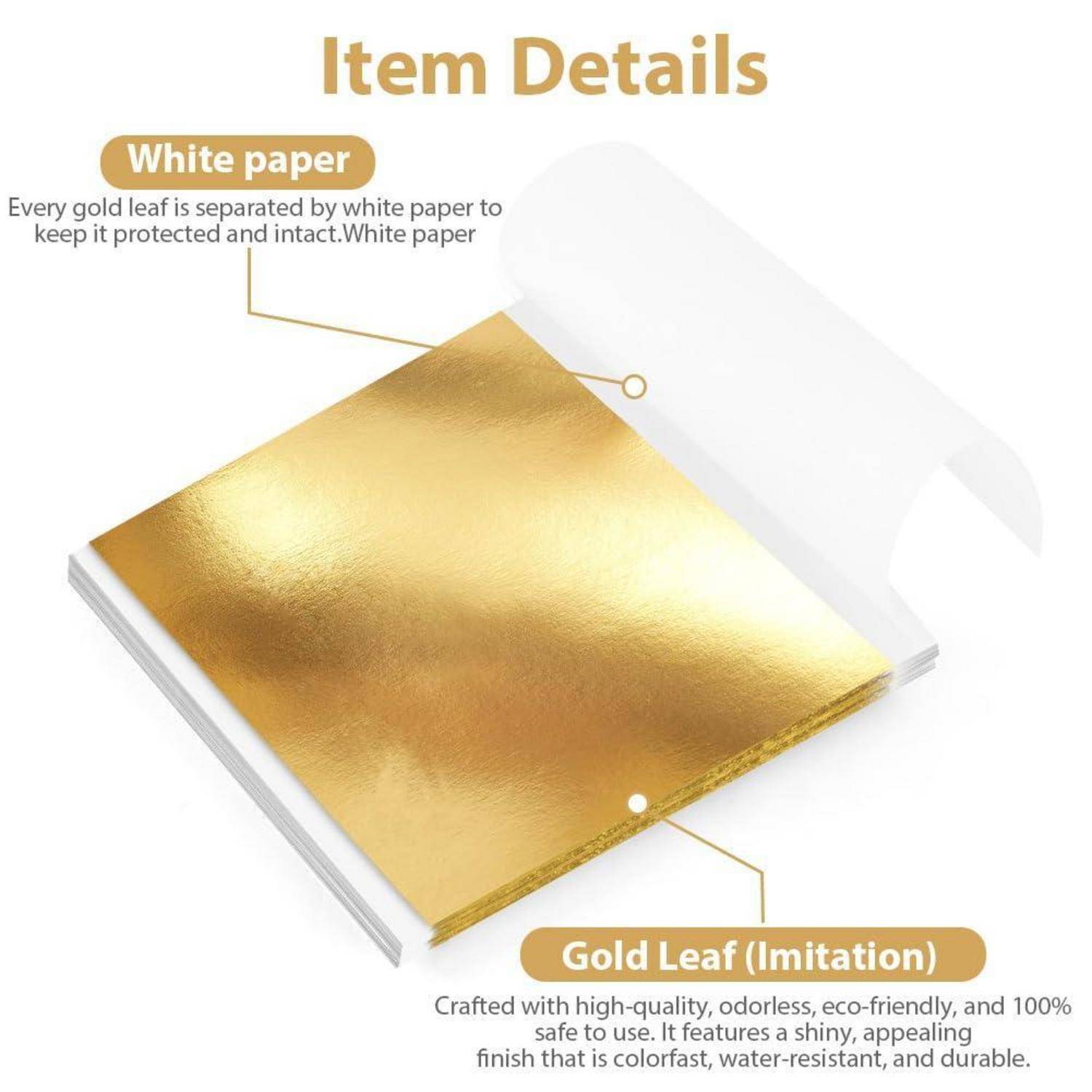 Produktbild mit Blättern aus Gold-Imitation, die durch weißes Papier getrennt sind, mit Beschriftungen „Weißes Papier" und „Goldblatt (Imitation)"" und Artikel-Details Text.