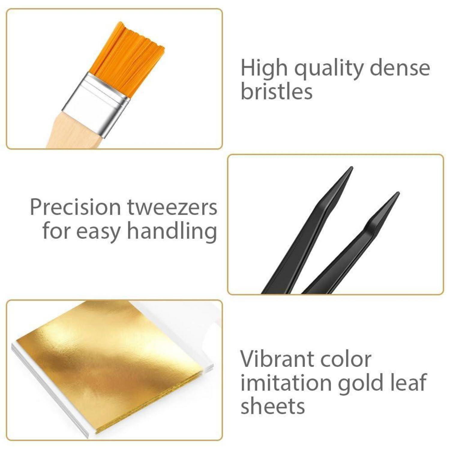 Werbegrafik mit Kunstwerkzeugen: ein dichtstes Borstenpinsel, Präzisionspinzette und Blattgold-Imitationsblätter, beschriftet mit ihren Merkmalen.
