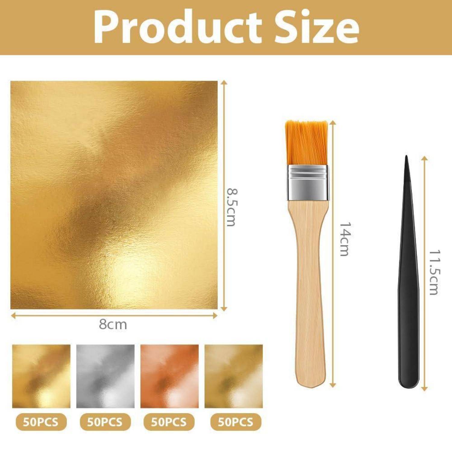 Größentabelle für Produkte mit einem Blattgold-Blatt von 8 cm x 8,5 cm, einem Malerpinsel von 14 cm Länge und einem schwarzen pinzetten-ähnlichen Werkzeug von 11,5 cm Länge mit 50er-Muster-Farbmustern.