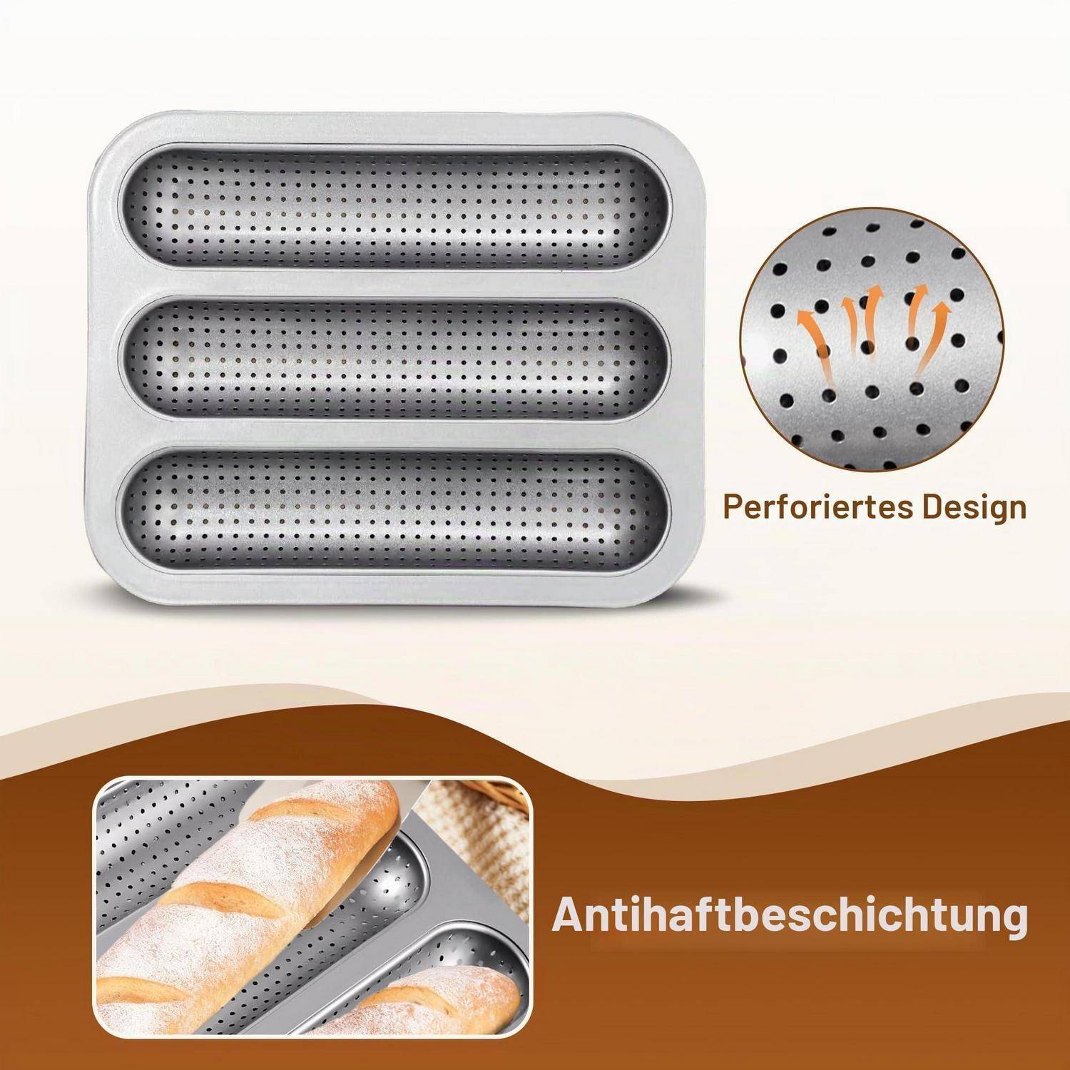 Ein perforiertes Backblech mit drei Slots und Antihaftbeschichtung, gezeigt mit Brötchen zum Backen und einer Nahaufnahme mit den Bezeichnungen „Perforiertes Design