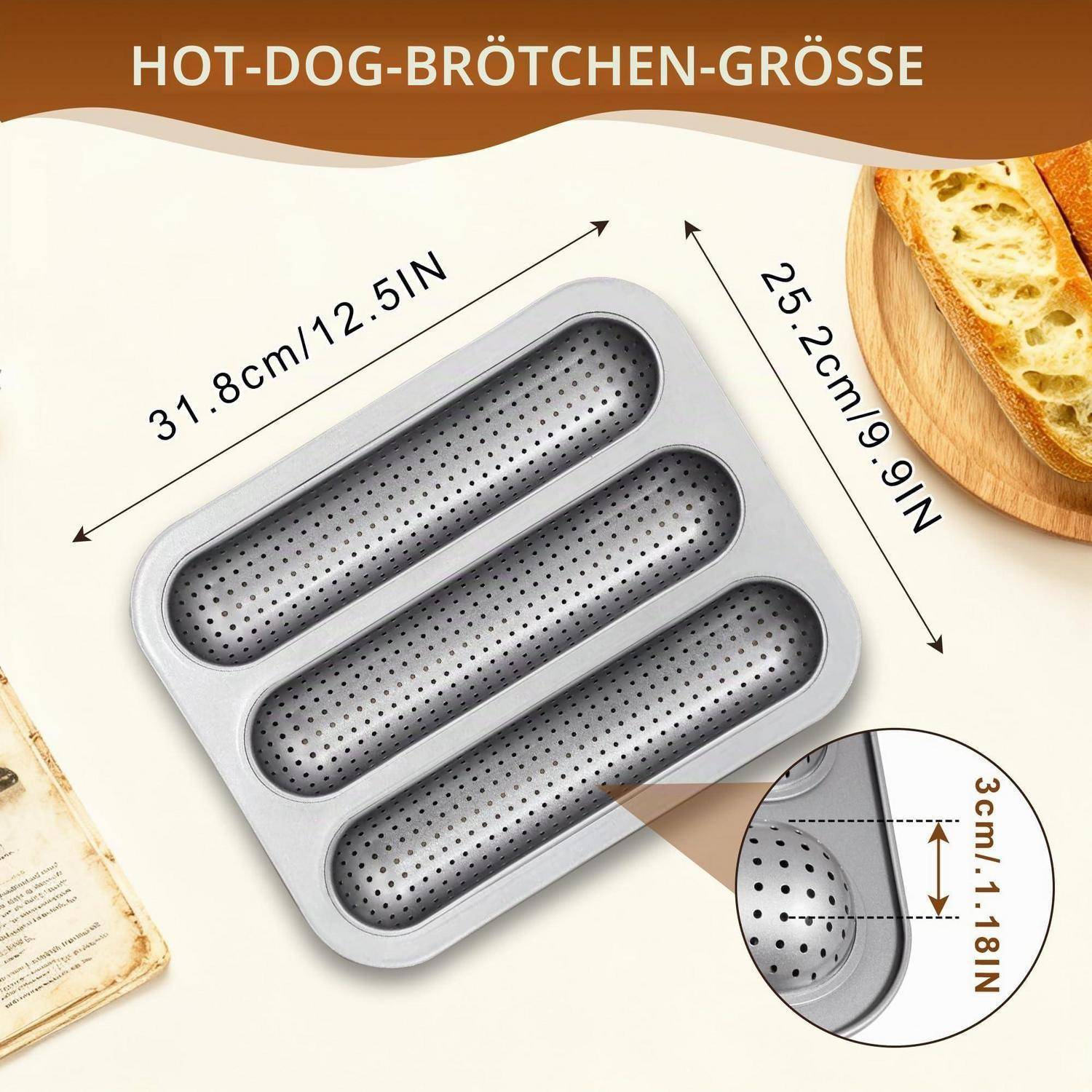 Diagramm einer Hot-Dog-Brötchen-Backform mit der Bezeichnung „HOT-DOG-BRÖTCHEN-GRÖSSE