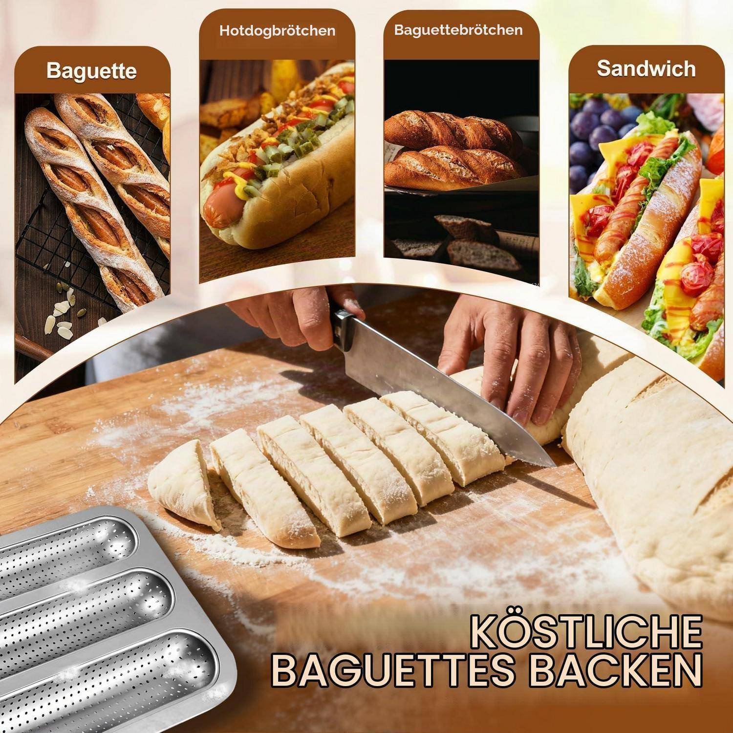 Leitfaden zum Backen von Baguettes mit Teig, der auf einem bemehlten Brett geschnitten wird, mit Beispielen für Baguette, Hotdog-Brötchen, Baguette-Rolle und Sandwichbrote.