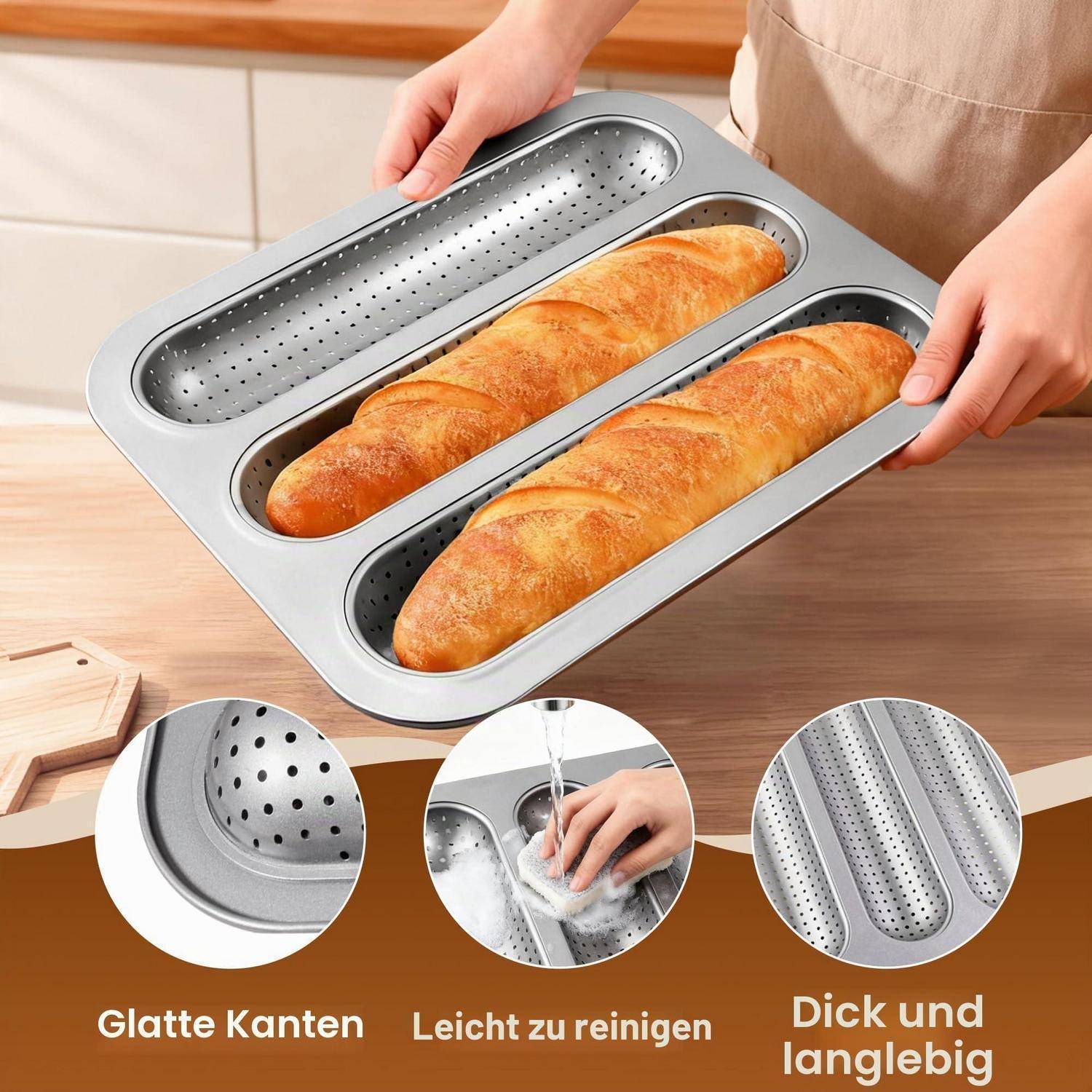 Gelochtes Brotformblech mit drei Baguettes, gezeigt mit Funktionshinweisen für glatte Kanten, einfache Reinigung und Haltbarkeit.