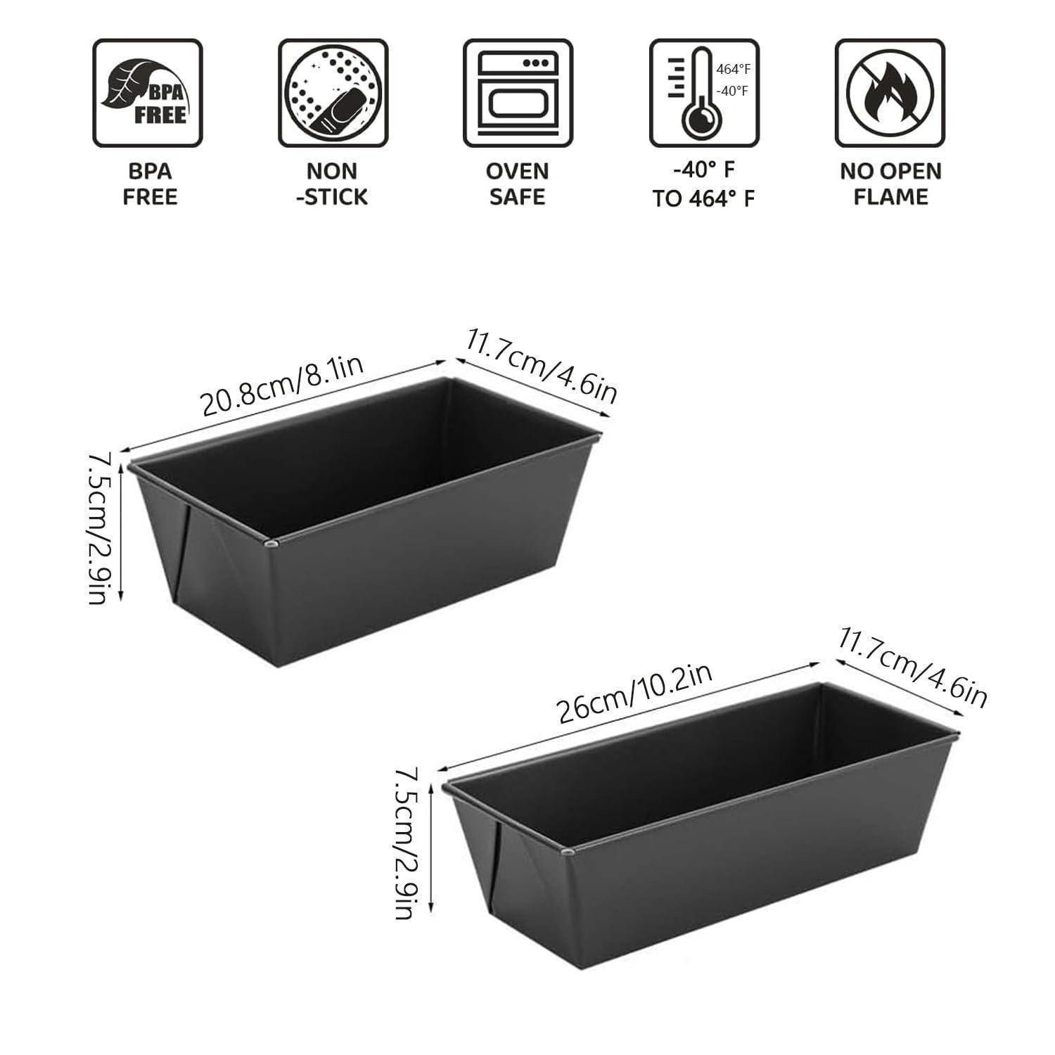 Zwei schwarze Kastenformen mit den Abmessungen 20,8 x 11,7 x 7,5 cm und 26 x 11,7 x 7,5 cm; BPA-frei, antihaftbeschichtet, backofensicher bis 240 °C, keine offene Flamme.