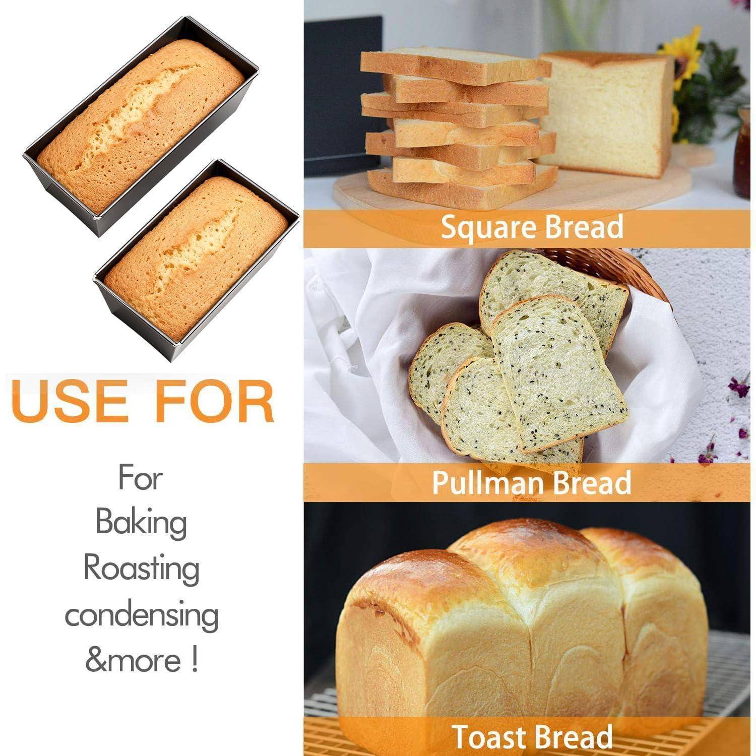 Collage mit Kastenformen und Beispielen für Quadrat-, Pullman- und Toastbrot, die zum Backen, Rösten und mehr einladen.