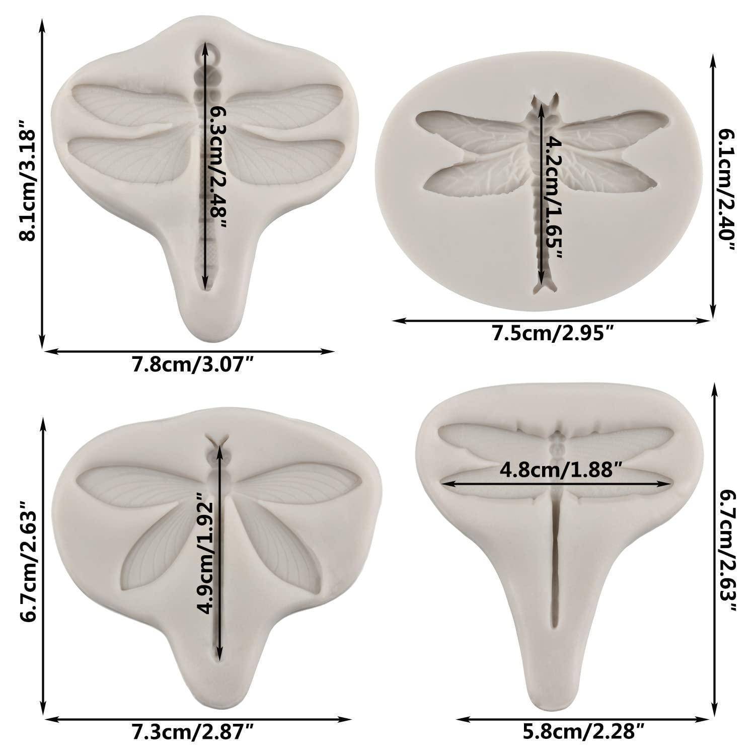 Vier Ansichten einer blattförmigen Form mit Libellenfügel-Relief, die Produktabmessungen in Zentimetern und Zoll zeigen.