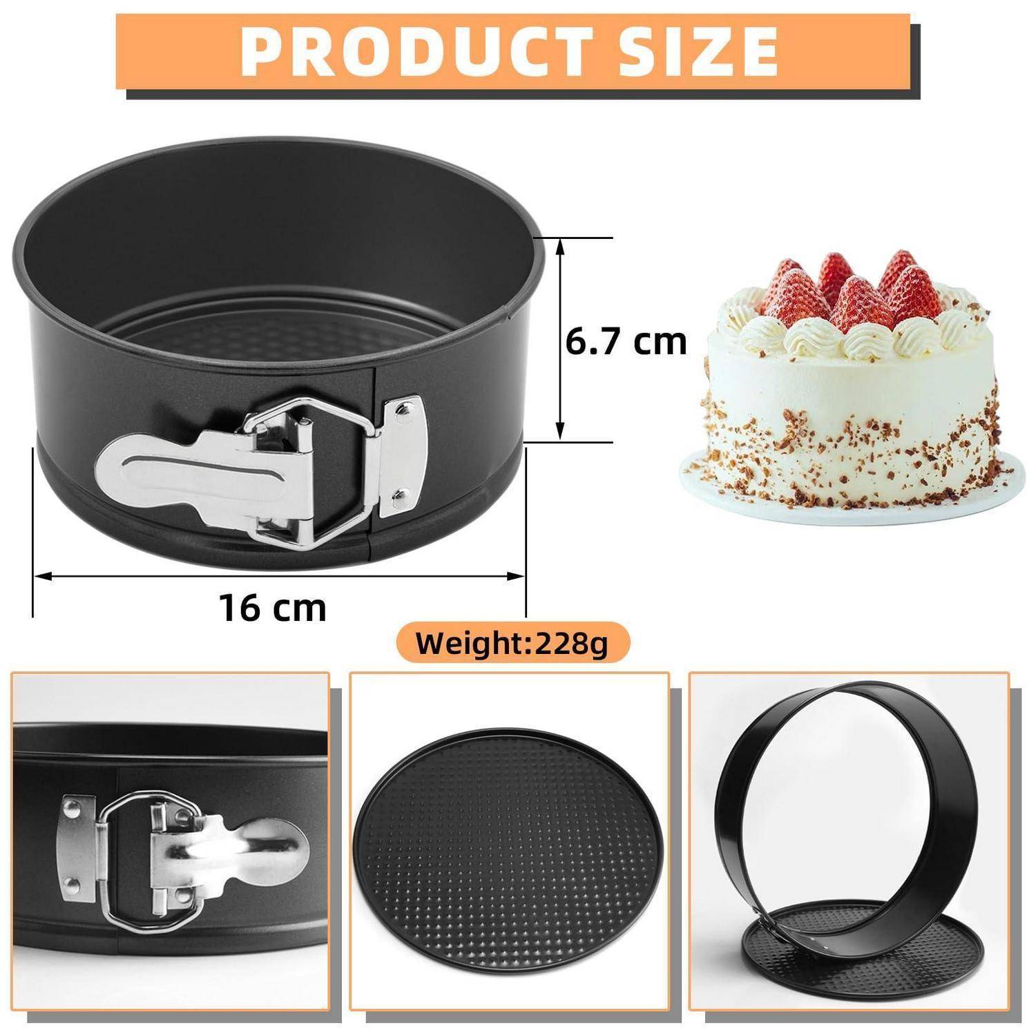 Produktgrößen-Grafik zeigt eine 16 cm x 6,7 cm Springform-Kuchenform, Gewicht 228 g, mit Fotos des Verschlusses, des Bodens und der zusammengesetzten Form neben einem dekorierten Kuchen.