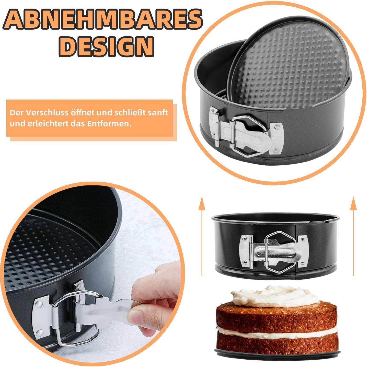 Werbegrafik einer Springform mit „ABNEHMBARES DESIGN"; zeigt die abnehmbare Verriegelung, die sich geschmeidig öffnet für ein leichtes Herauslösen des Kuchens, plus die zusammengesetzte und verwendete Springform mit einer Kuchenschicht.
