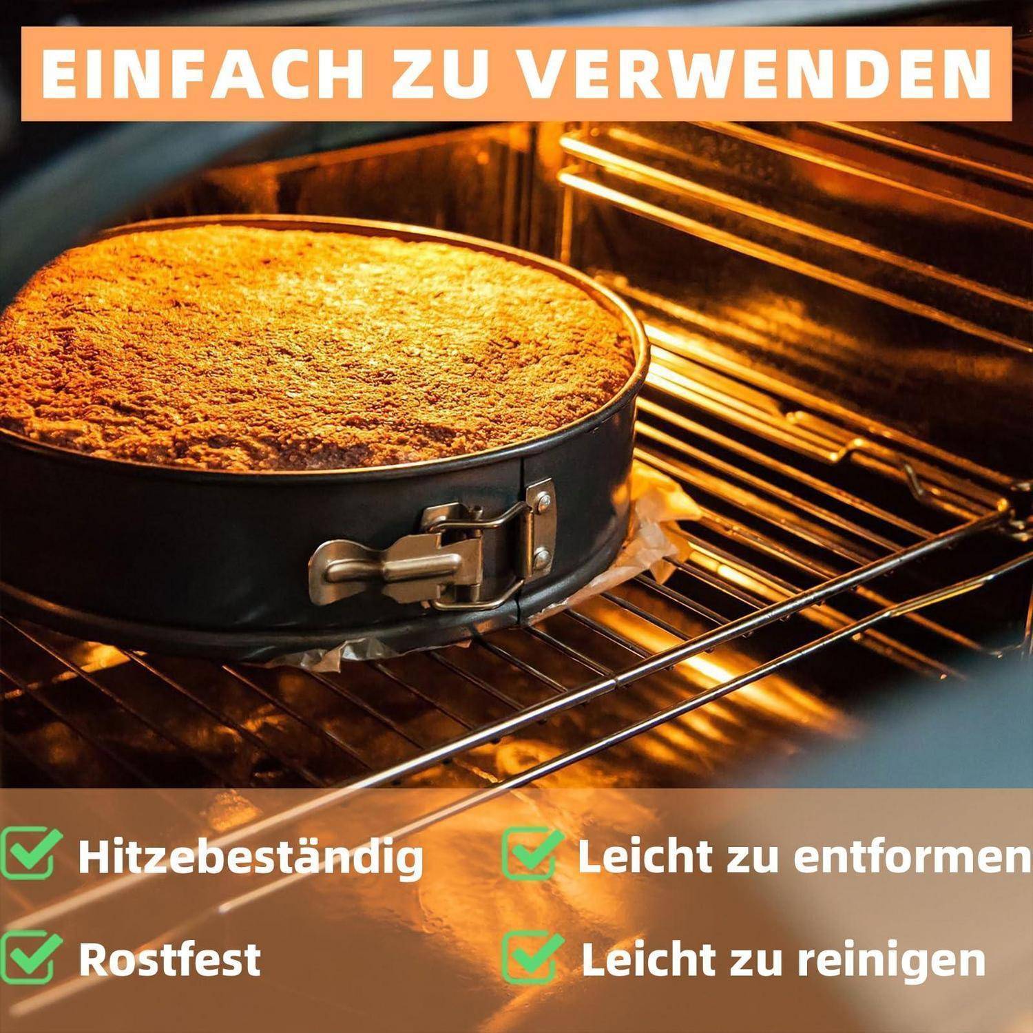 Ein Kuchen in einer Springform wird im Ofen gebacken, mit deutschem Text, der sie als leicht zu bedienen, hitzebeständig, rostfrei, leicht zu entformen und leicht zu reinigen bewirbt.