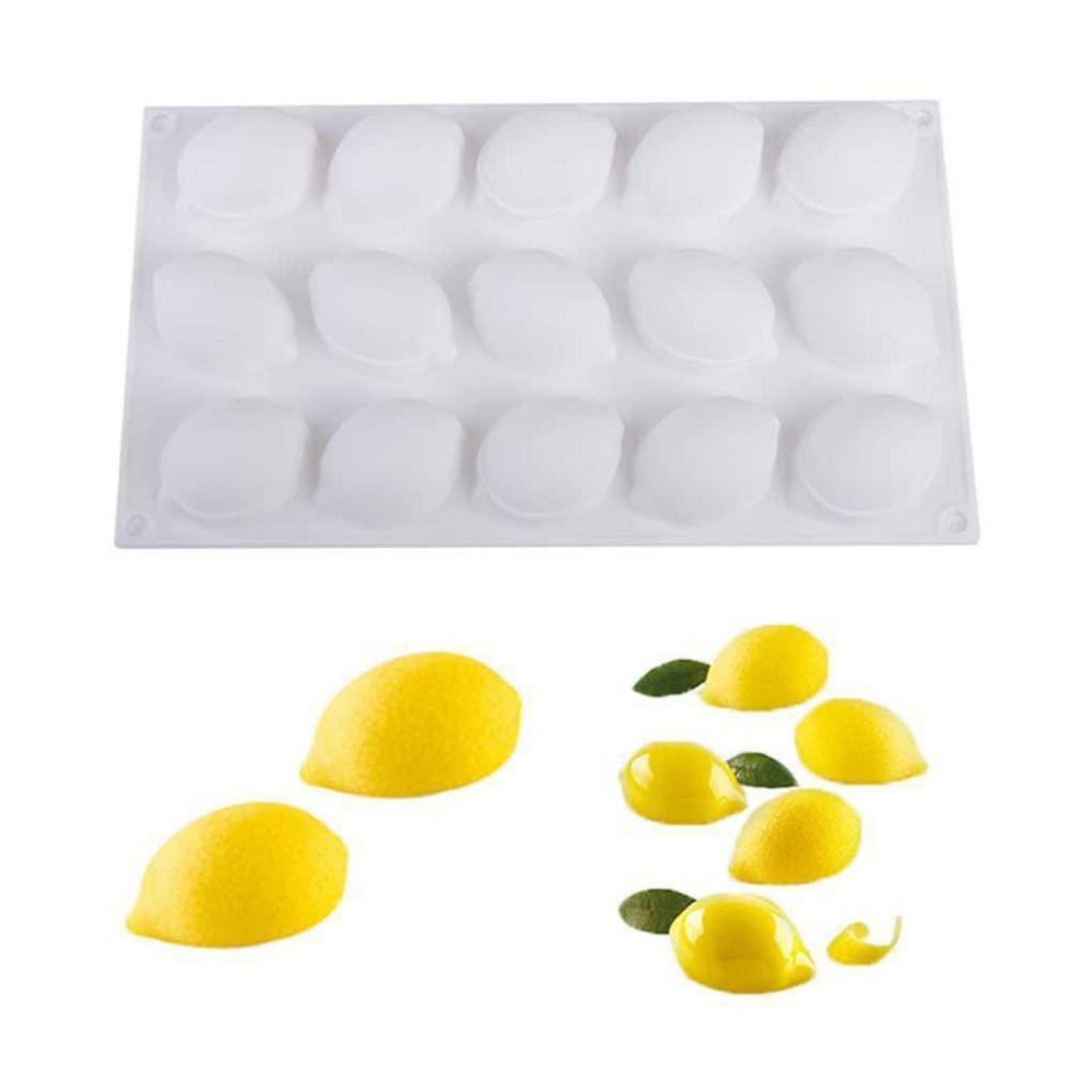 Durchsichtige Silikonform für zitronenförmige Stücke, oben abgebildet mit fertigen gelben zitronenförmigen Bonbons oder Seifen.