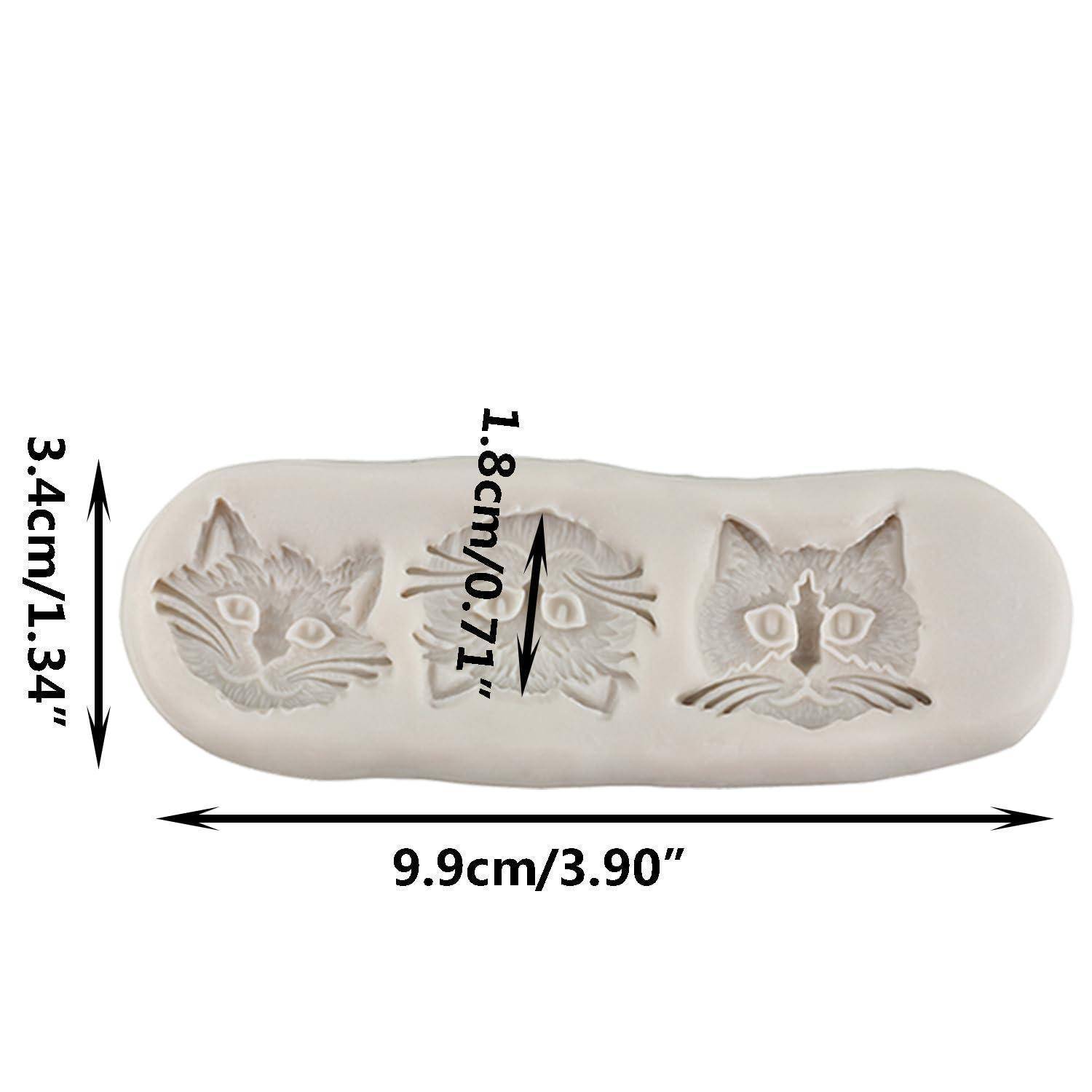 Weiße katzenförmige Gussform für Riegel mit drei Katzengesichtsdesigns, gezeigt mit Abmessungen von 9,9 cm Länge, 3,4 cm Breite und 1,8 cm Höhe.