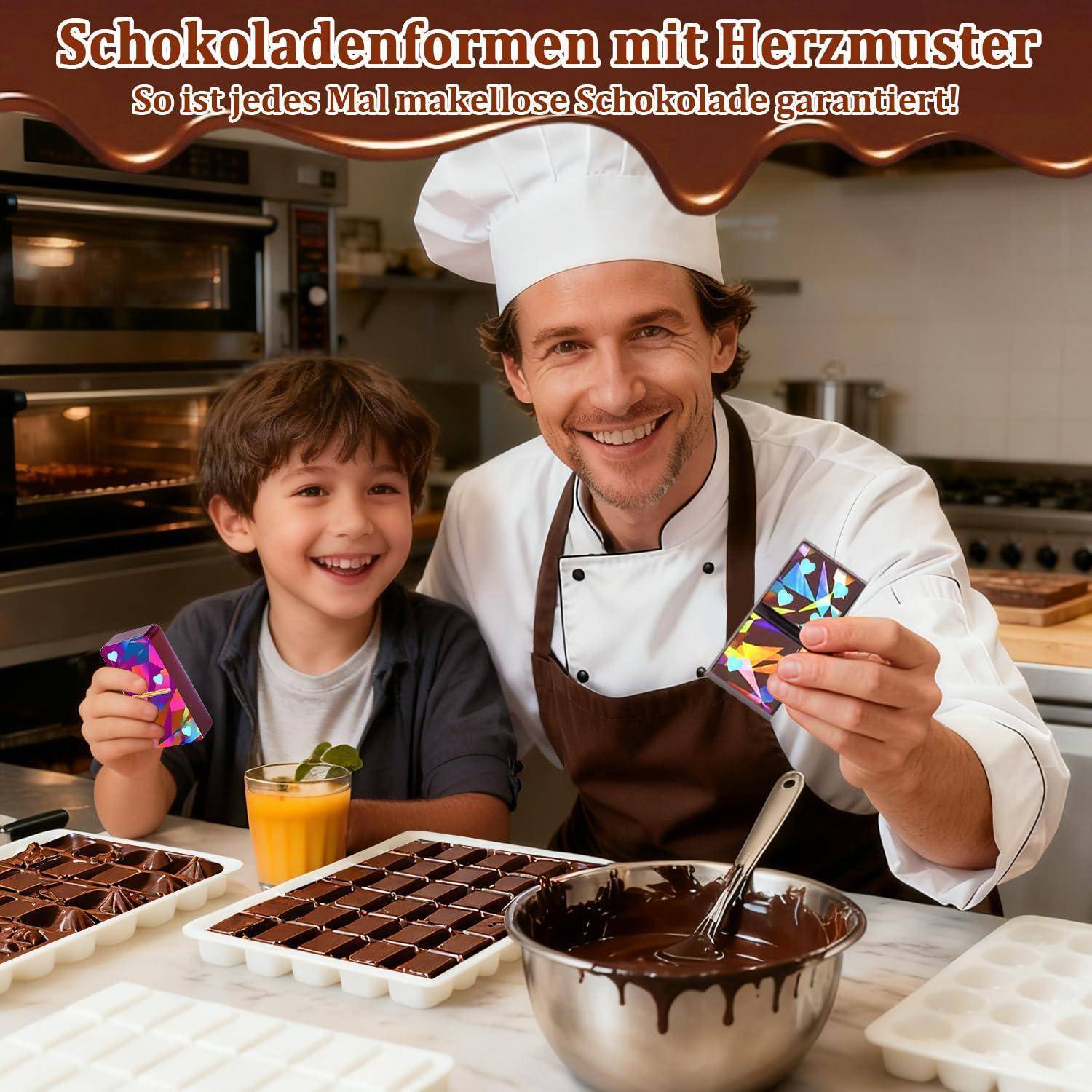 Ein Koch und ein Kind in einer Küche zeigen Schokoladenformen mit Herzmuster und Behälter mit geschmolzener Schokolade; der deutsche Text bewirbt 