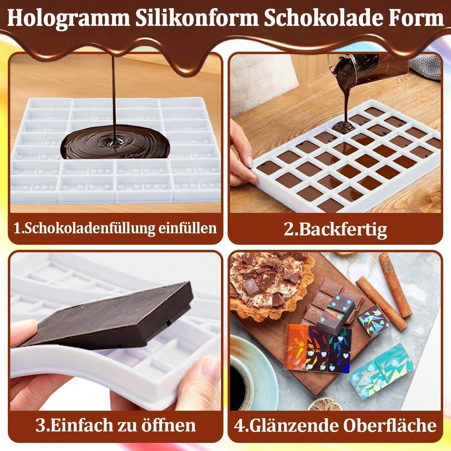 Anleitung für eine Silikon-Schokoladenform: Geschmolzene Schokolade gießen, die Form füllen, aushärten lassen und dann mühelos öffnen für glänzend fertige Pralinen.