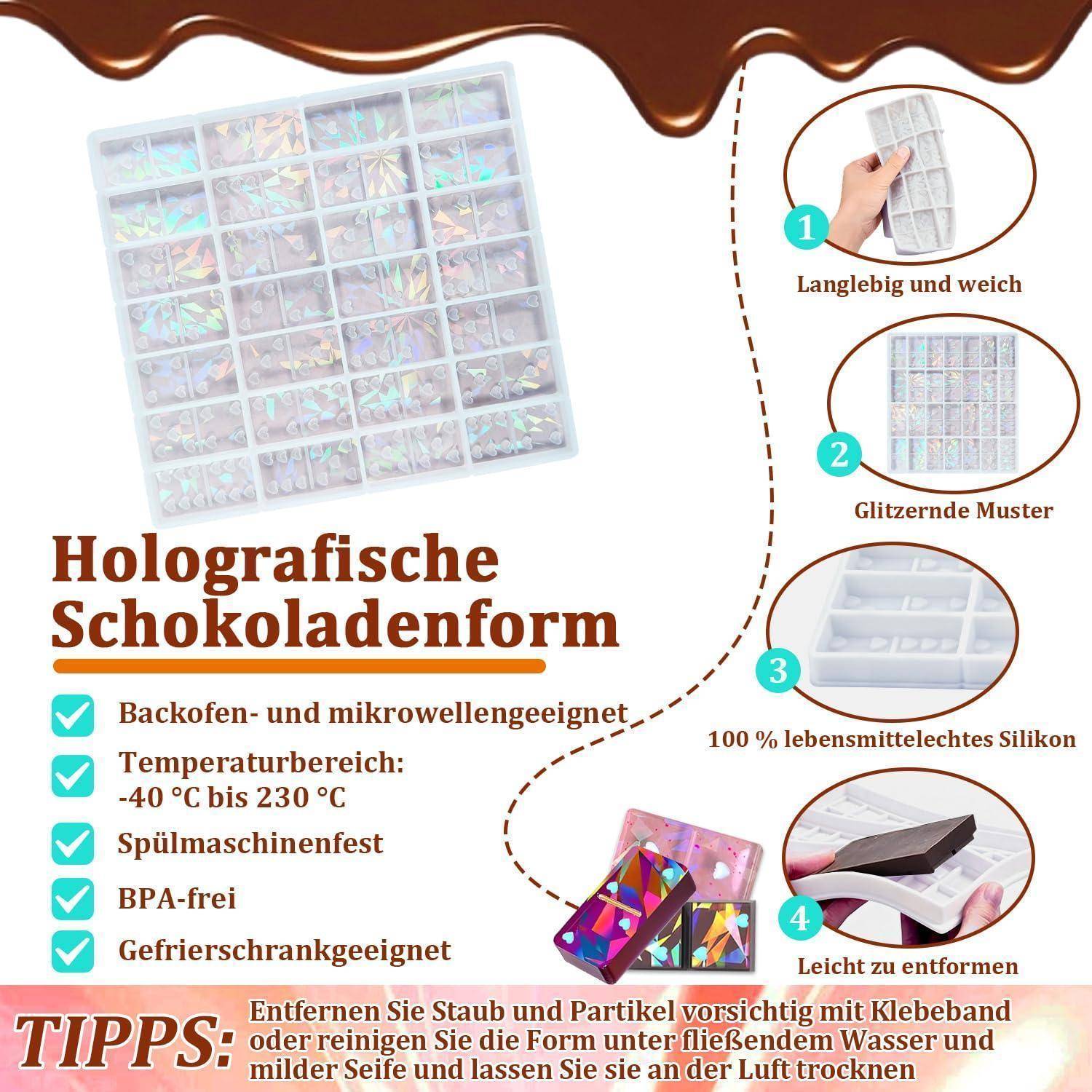 Silikonform holografisch für Schokoriegel, Wachs, DIY, wiederverwendbar, weiß