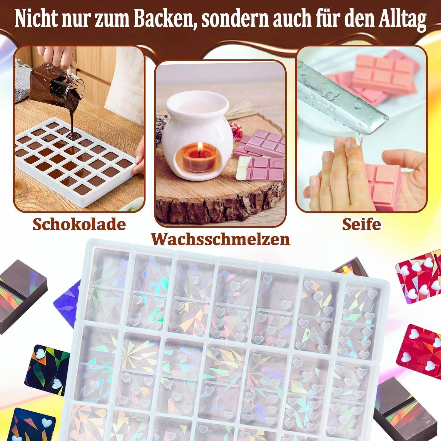 Deutsche Werbung zeigt Silikonformen zum Herstellen von Schokolade, Wachsschmelzen und Seife, mit assortierteren holografischen Herz- und Sternenformen unten.